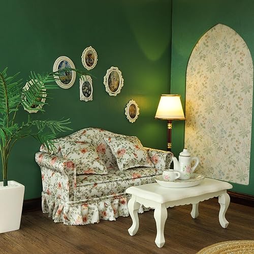 Miniatura 9 de iLAND Muebles de casa de muñecas de sofá en miniatura, juego de muebles para casa de muñecas para accesorios de 112, elegantes sofás plisados de