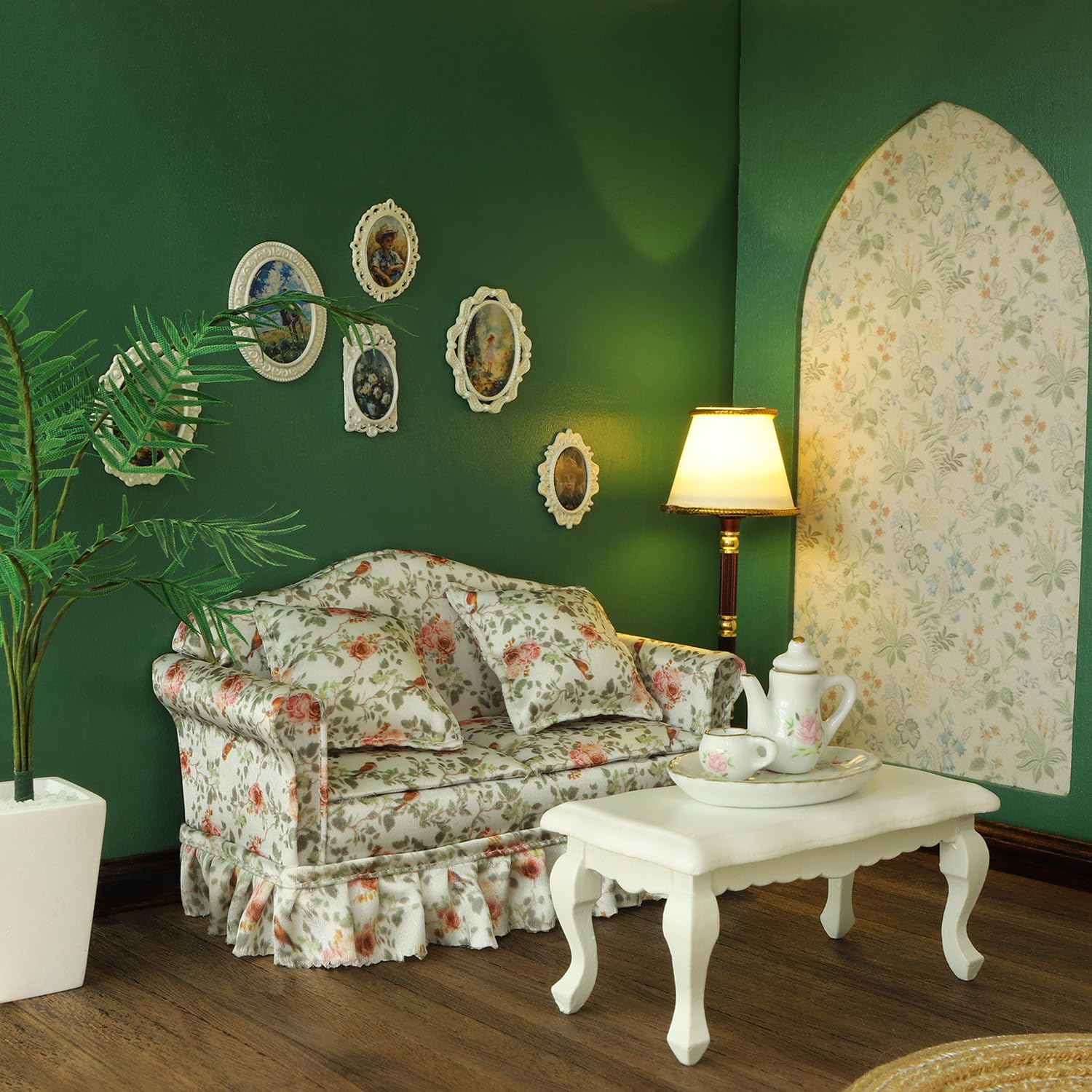 iLAND Dollhouse Furniture of Miniature Couch with Coffee Table the Beautiful Doll House Furniture Set fit 1/12 scale accessories, Elegant Rose and