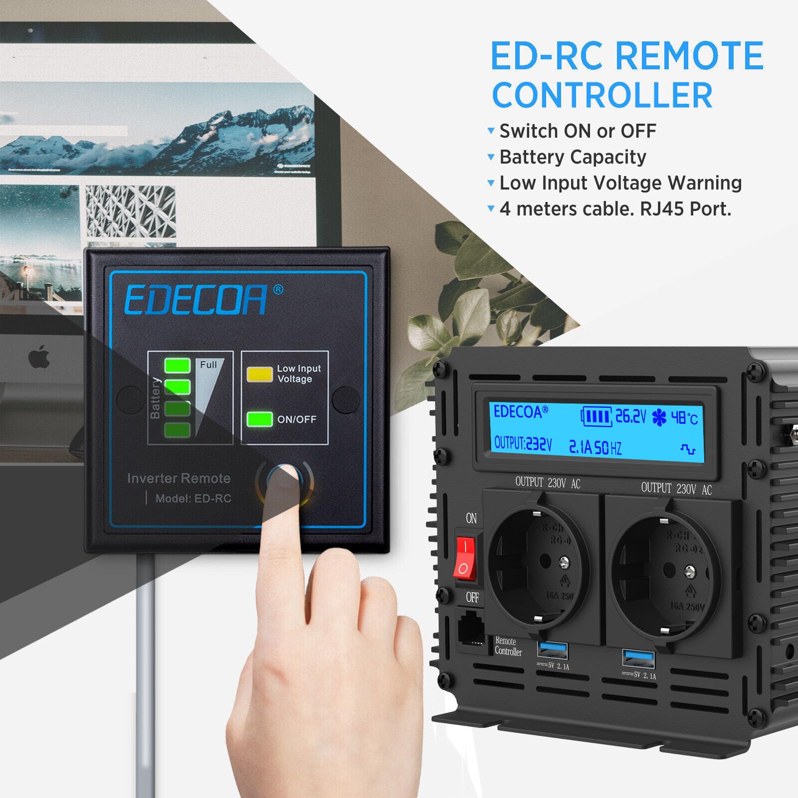 EDECOA 3000 W / 6000 W, inverter sinusoidale modificato 24 V/230 V, potenza nominale 3000 watt da 24 V CC a 230 V AC inverter solare con telecomando, interfacce USB e tipo C disponibili