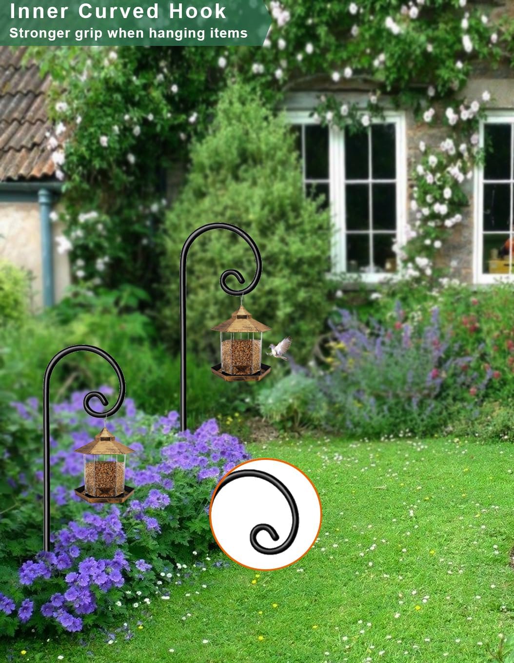 Koutemie 92 Inch Outdoor Shepherd Hook for Hanging Plant, Adjustable Heavy Duty Bird Feeder Pole with 5 Prong Base for Solar Lanterns, Black & 2 Packs