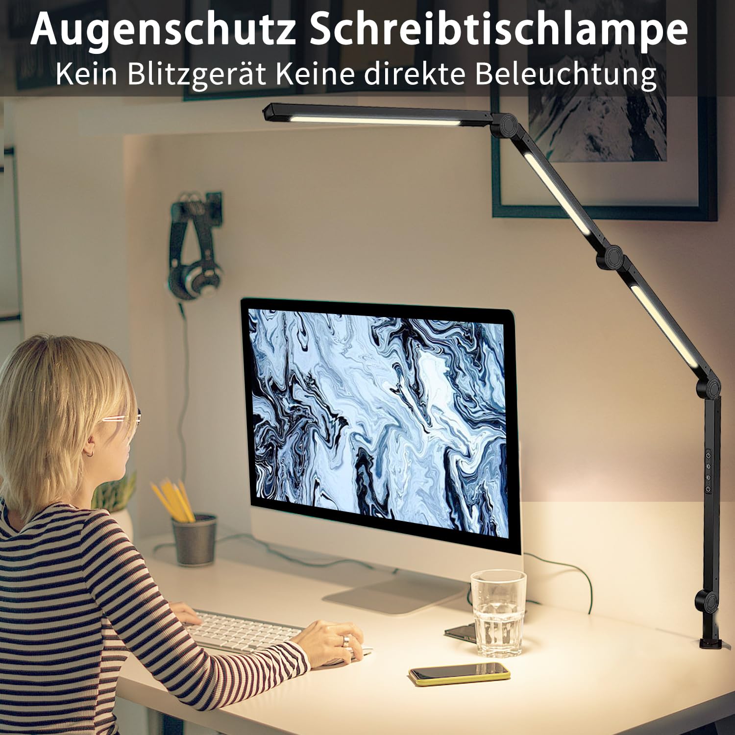 Led Schreibtischlampe klemmbar,Tischlampe 4 Sektionen Schwingarm Tageslichtlampe Schreibtisch,Touch Control Helligkeitsstufen 5 Helligkeit 4 Farbmodi, Speicherfunktion desk Lamp