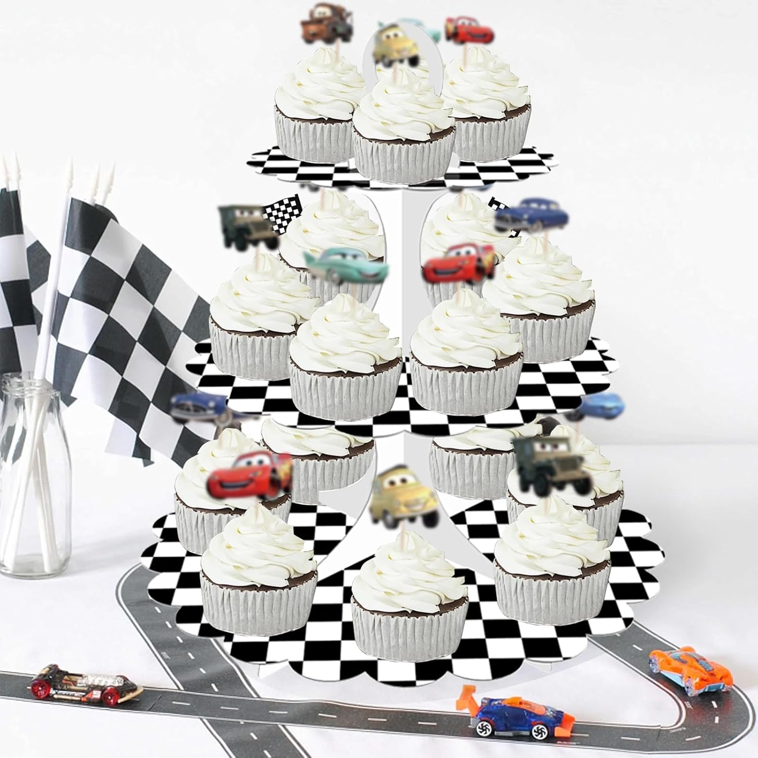 3-Tier Racing Theme Cupcake Stand, Black White Checkered, 1-Pack
