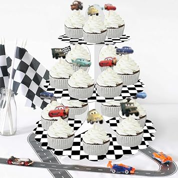3-Tier Racing Theme Cupcake Stand,Cars Theme Decoration,Black White Checkered Design,Car Theme Dessert Stand for Race Car Birthday Party Decorations (1-Pack)