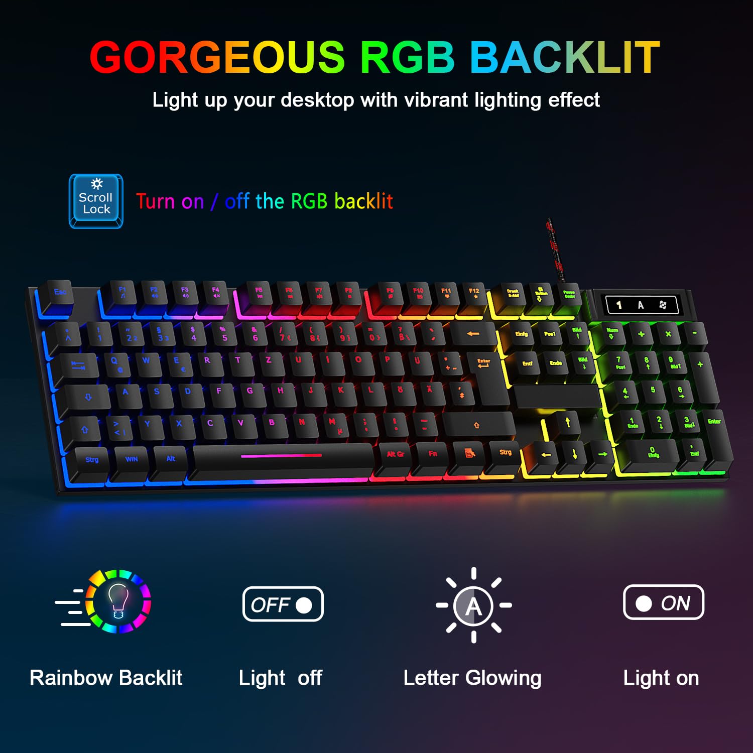 Gaming Tastatur und Maus Set, QWERTZ DE Layout, RGB Hintergrundbeleuchtete Kabelgebundene Tastatur, Ergonomische 4 Farbige LED Gaming Maus, Großes Mauspad, USB Plug & Play für PC PS4 Xbox