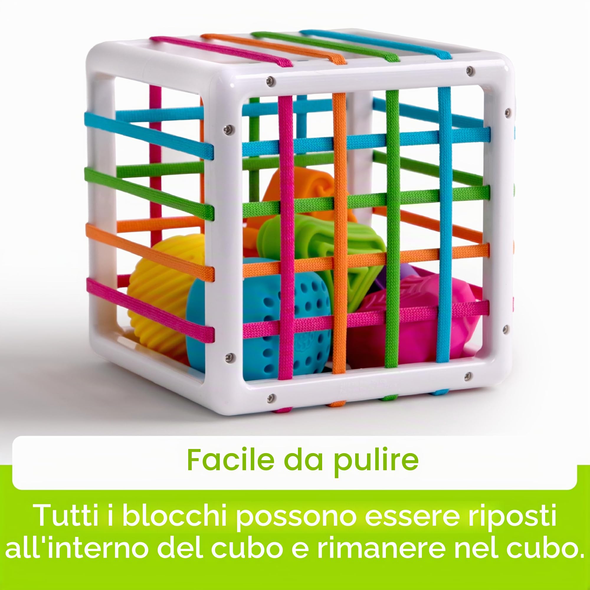 Fat Brain Toys InnyBin, cubo sensoriale educativo con 6 Forme Colorate da Inserire tra Gli Elastici a diversa Trama, sviluppa Causa e Effetto, Le abilità motorie e Il Senso Logico, Adatto dai 10 Mesi