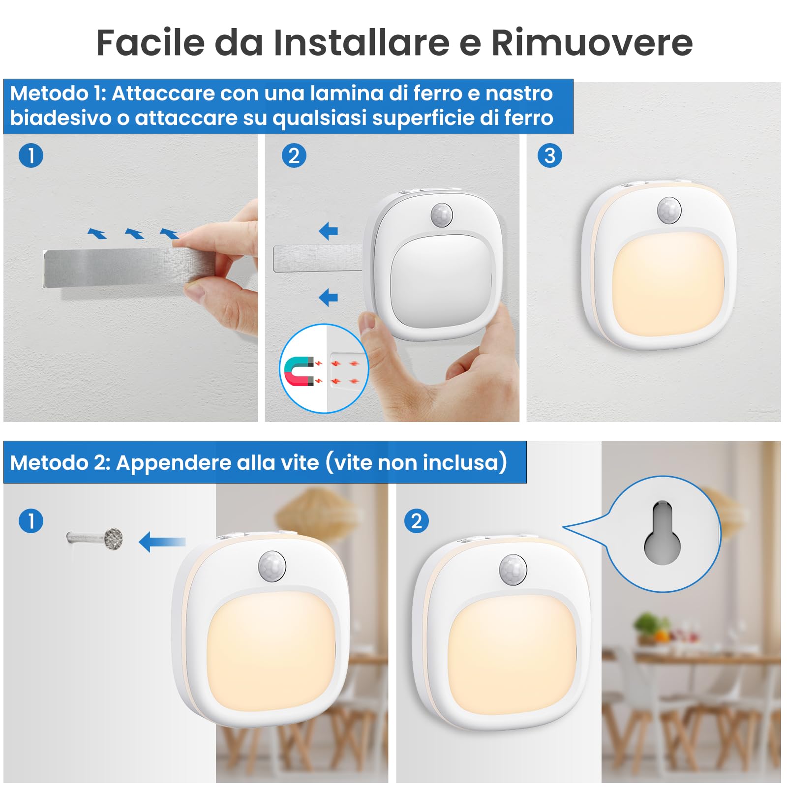 Luce Notturna [2 Pezzi] 3 Colori Con Sensore Movimento e Crepuscolare, Tipo-C Ricaricabile per Bambini, 5 Luminosità LED Con Sensore di Movimento per Corridoio, Scale, Bagno