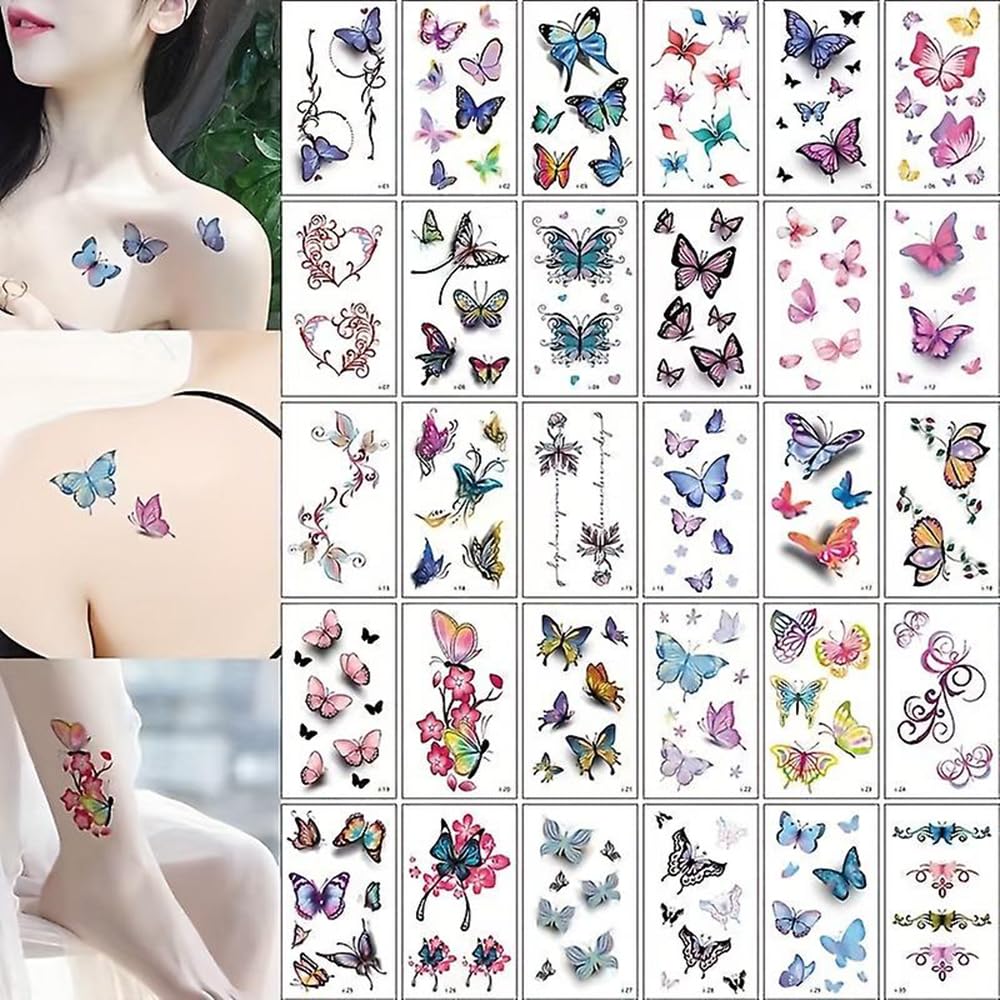 S.A.V.I 30 Pcs Butterfly Temporary Tattoos for Women & Girls – Colorful, Safe & Non-Toxic Body Art Stickers | Waterproof, Easy to Apply | 9.7x5.7cm – Chest, Arm, Back, Foot Decoration (04)-image-22