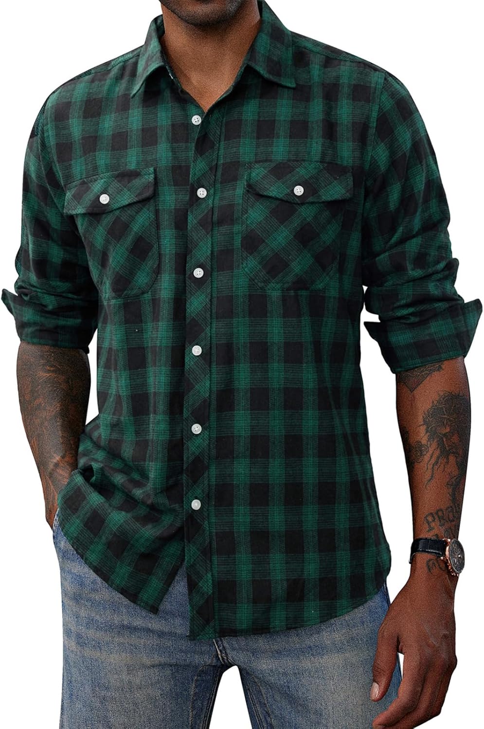 PJ PAUL JONES Mens Flannel Plaid Shirt Casual Long Sleeve Button Down Shirts with Pockets