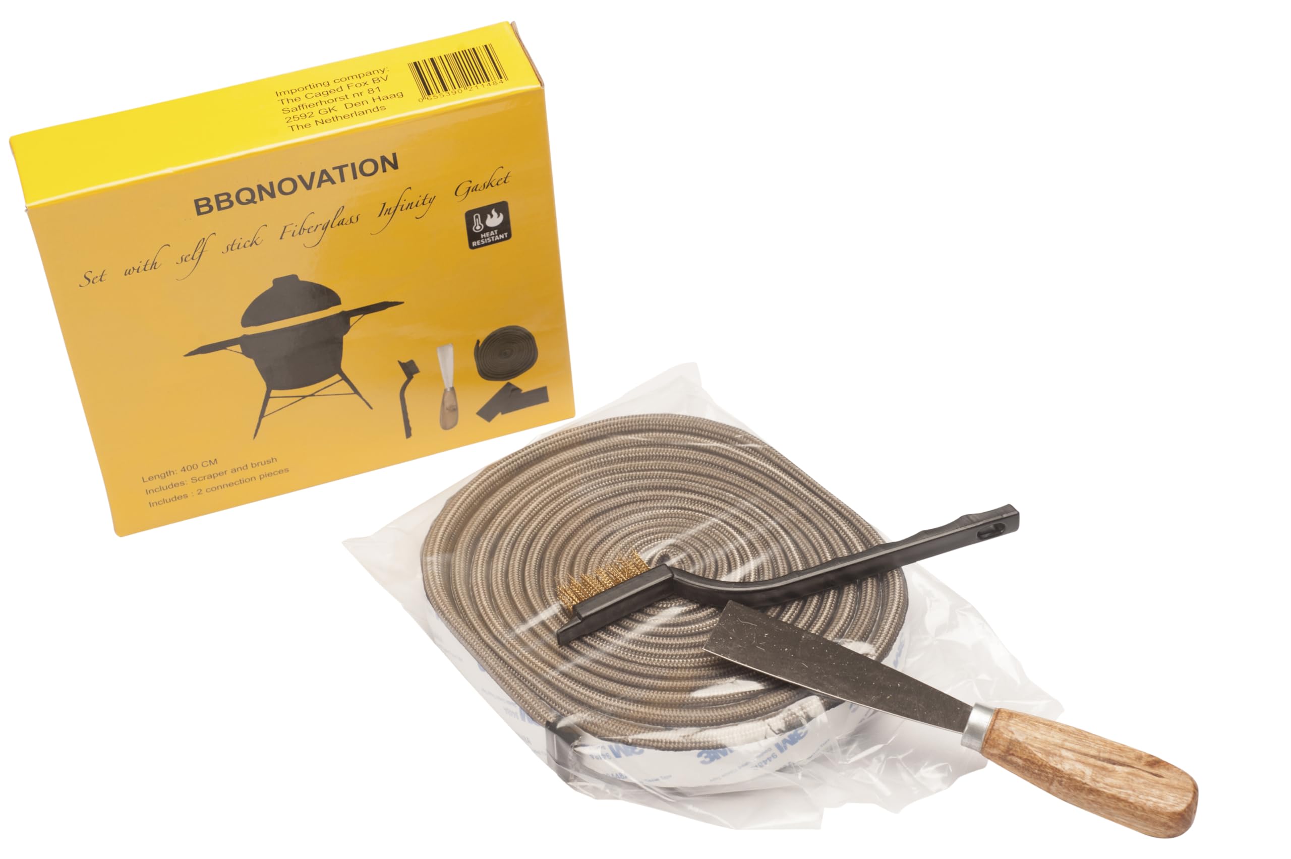 Kamado Fiberglas Dichtung Set – Selbstklebende Ersatzdichtung für Keramikgrill mit 3M Klebeband, 2 x 2 m, Schaber, Bürste & Verbindungsstücke – passend für Big Green Egg, Monolith & mehr