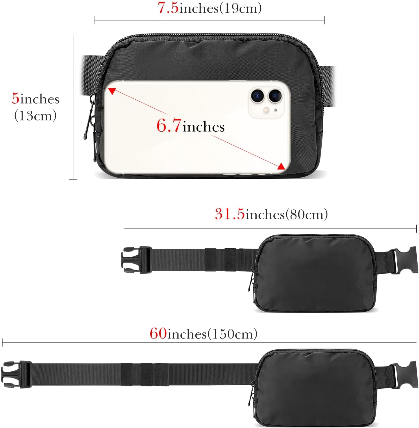 Extra Long Strap Fanny Pack, 60 Inch Max Adjustable Plus Size Crossbody Bag, Extended Length Waist Bag, Everywhere Belt Bag 1L, Black - Image 2