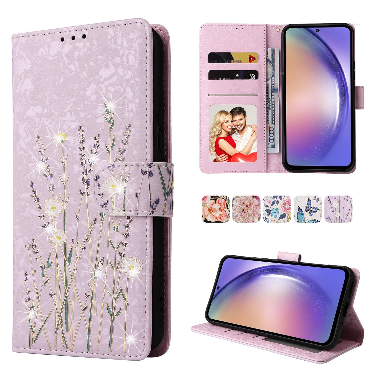 UEEBAI Wallet Case for Samsung Galaxy A15 4G/5G, PU Leather Phone Case Kickstand RFID Blocking Flip Case Card Slots Wrist Strap Relief Engraved