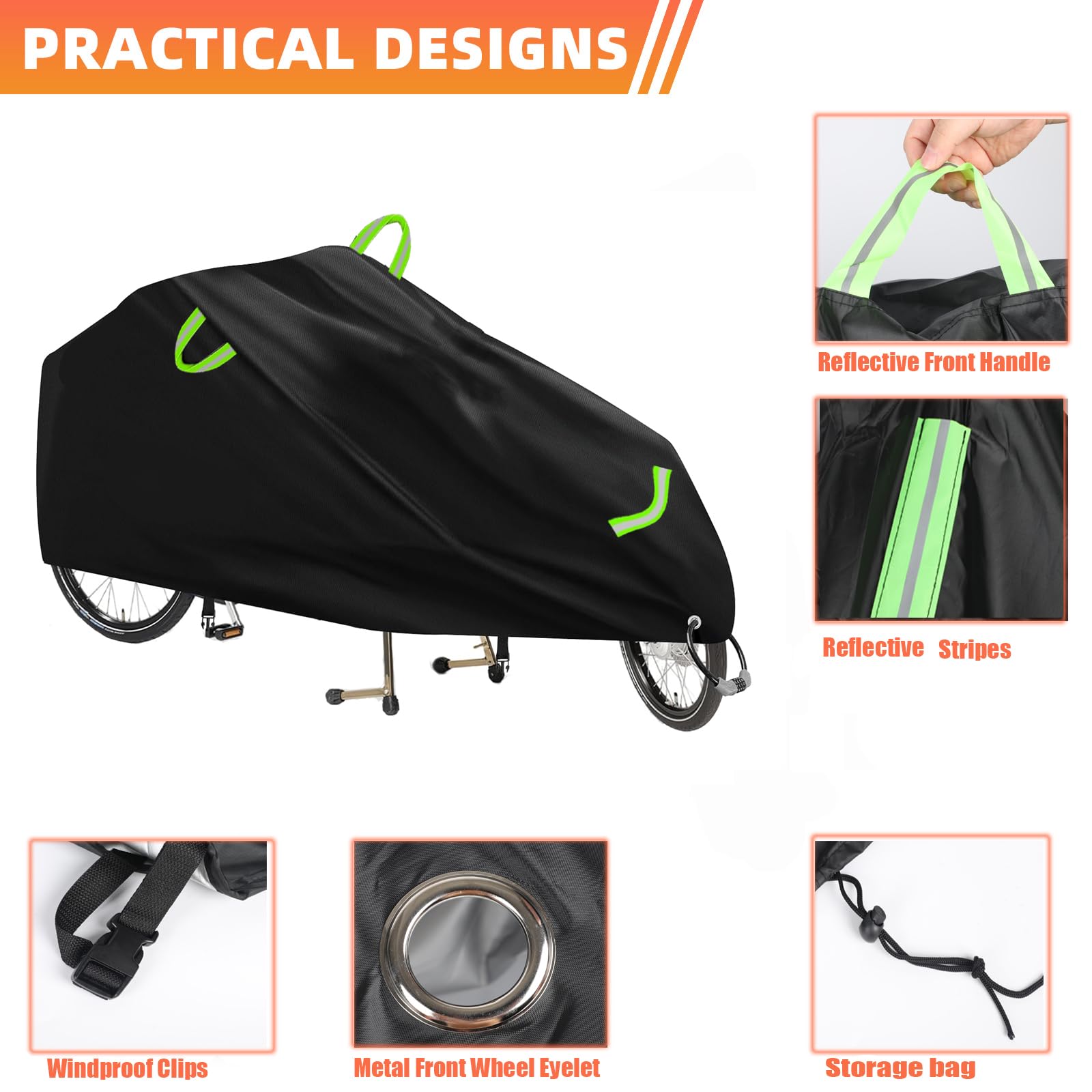Lastenrad Abdeckung, Fahrradabdeckung Wasserdicht Lastenrad, 420D Oxford-Gewebe Schutzhülle für Einspurige Lastenräder mit Reflektorstreifen UV-Schutz, Reißfest, 280x65x100 cm