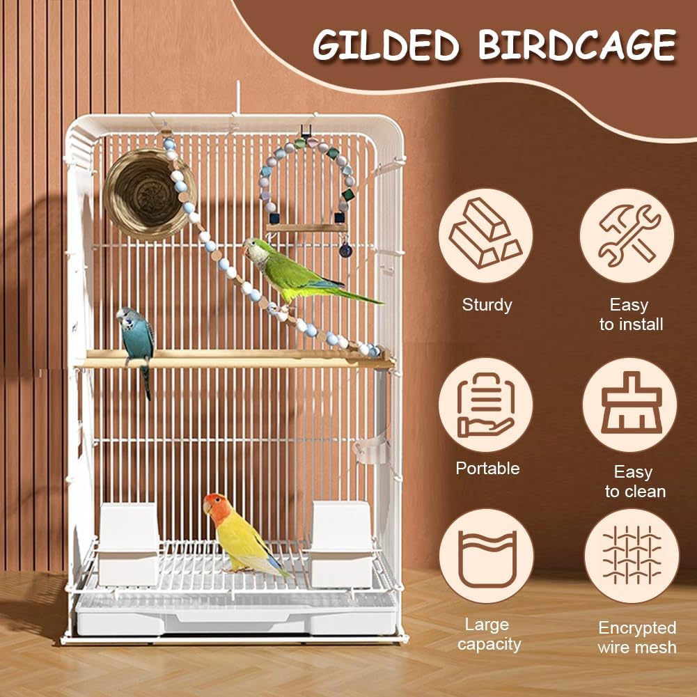Upgraded Encrypted 23.6-Inch Bird Cage with Top Handle, Metal Parakeet Cage with Removable Slide-Out Tray, Lightweight Travel Bird Cage for Small Medium Birds Home Use