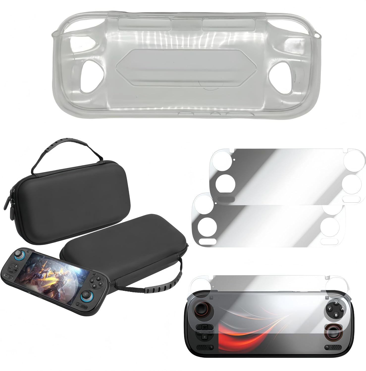 Accessories Kit Compatible with AYN Odin 3 – TPU Case, EVA Bag, 2×9H Tempered Glass Screen Protectors (Black)