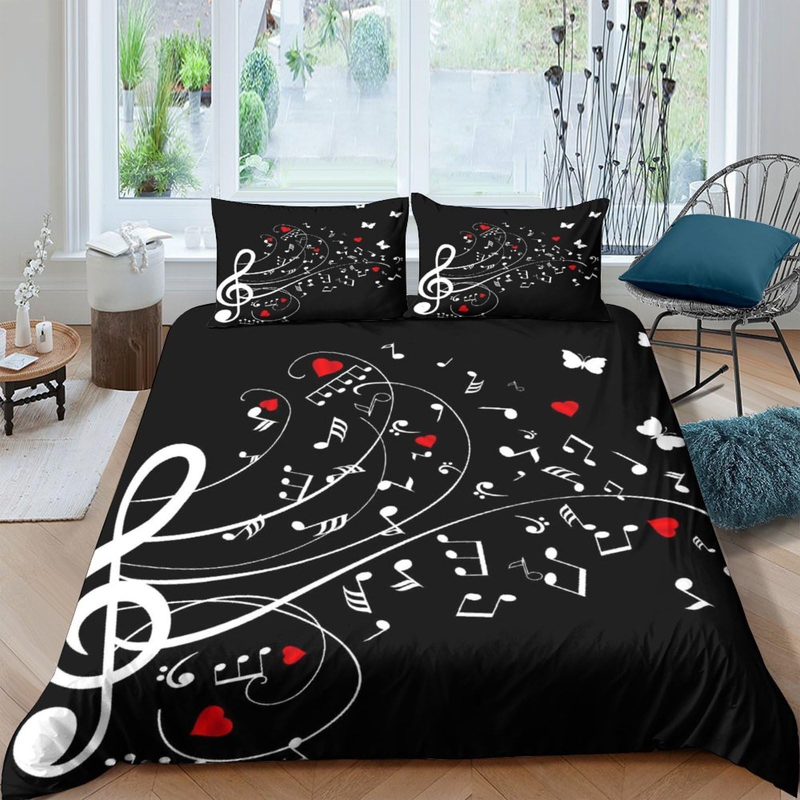 Ctjqhvkz Style-9 3D Printed Musical Notes Fitted Sheet Microfiber Black Artistic Hearts Bed Cover For Bedroom Guest Room Decor Single（135X200cm）