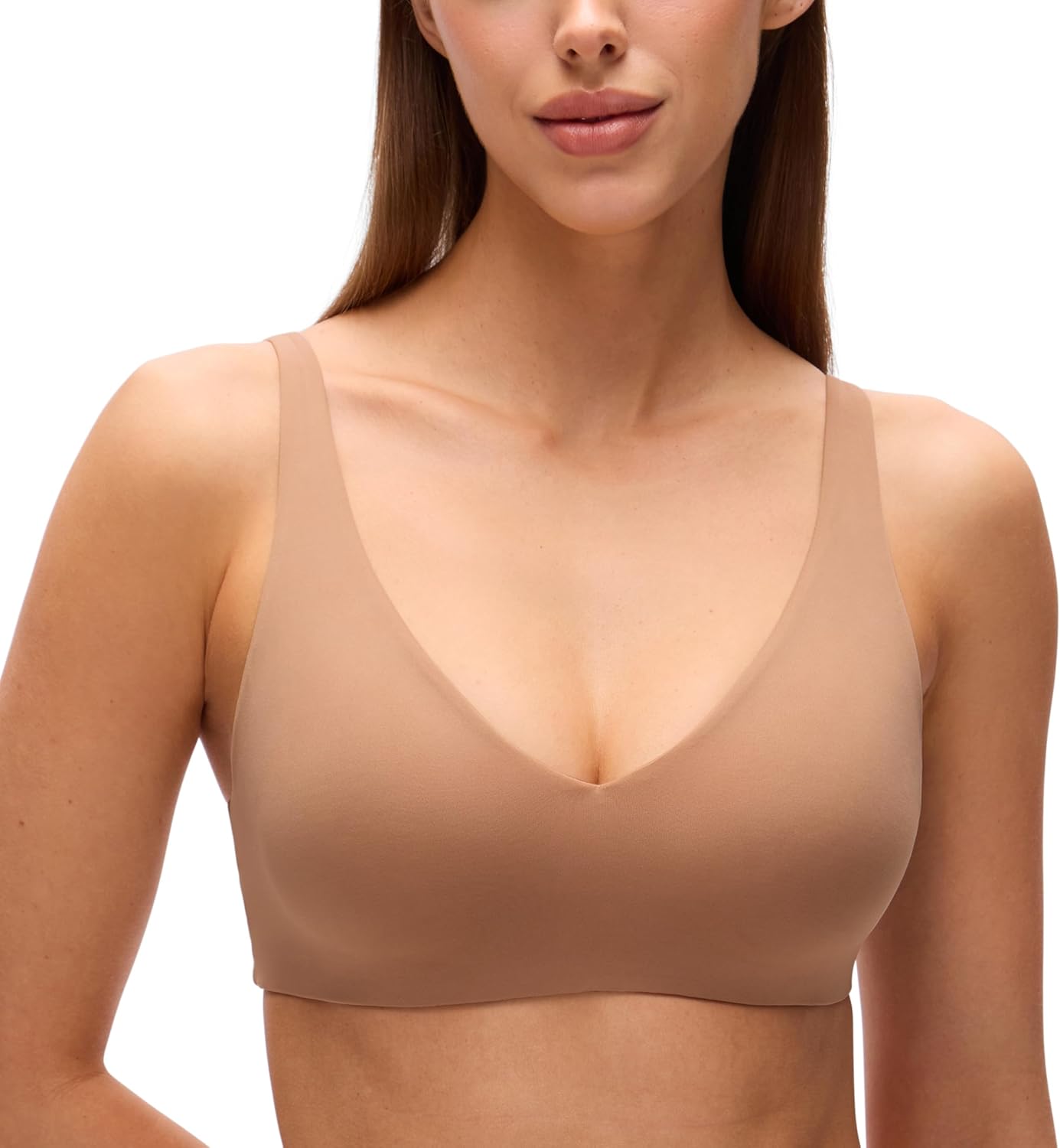 CRZ YOGA Softhold Double Lined Deep V Bralette - Womens Adjustable Straps Wireless Plunge T-Shirt Everyday Bra Comfy Smooth