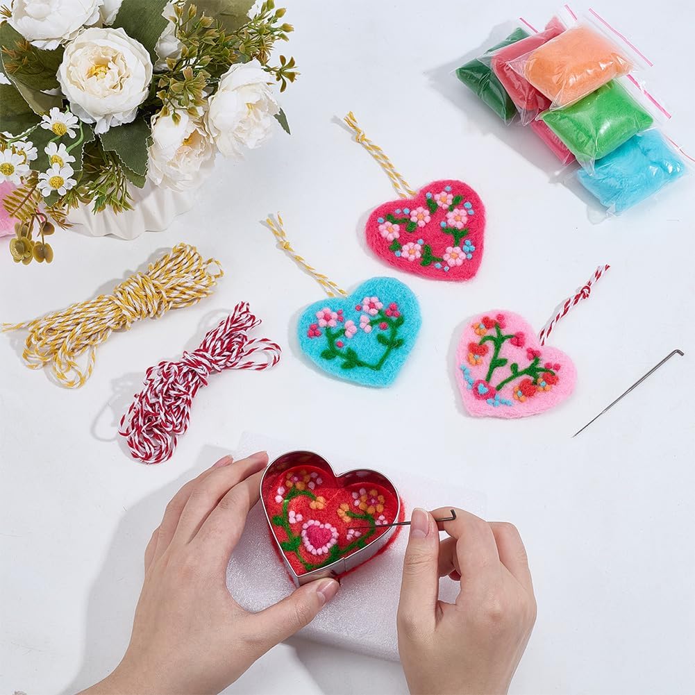 ORIGACH 5 Set Floral Heart Needle Felting Kit for Beginners DIY Wool Felted Heart Shape Ornaments Craft Kit for Adults with Instruction, Felting Foam Mat, DIY Needle Felting Supply