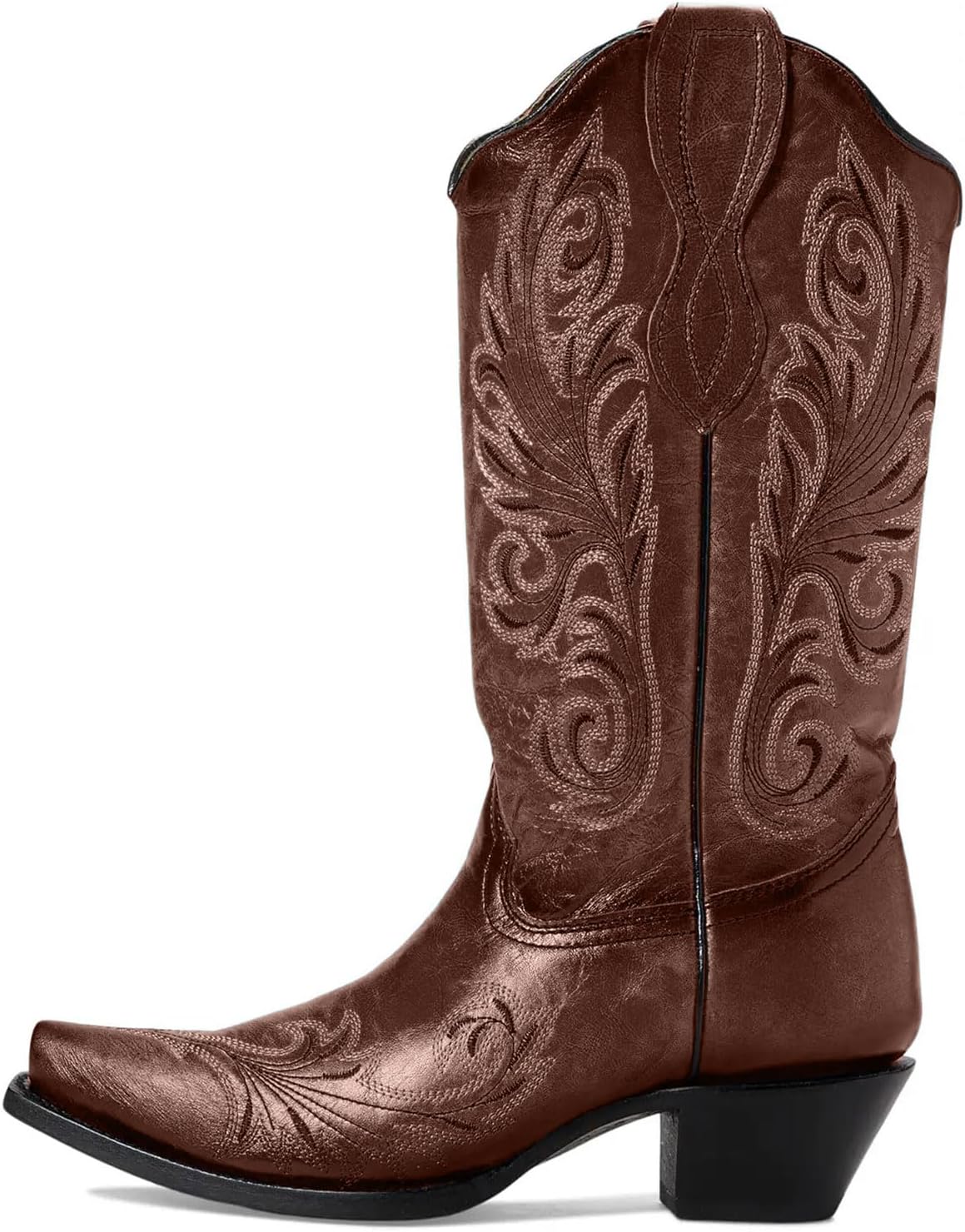 Women's Vintage Embroidered Block Heel Western Cowgirl Mid Calf Boots Fashion Square Toe Pull On V Cut Fall Winter Low Heel Cowgirl Wide Calf Boots for Women