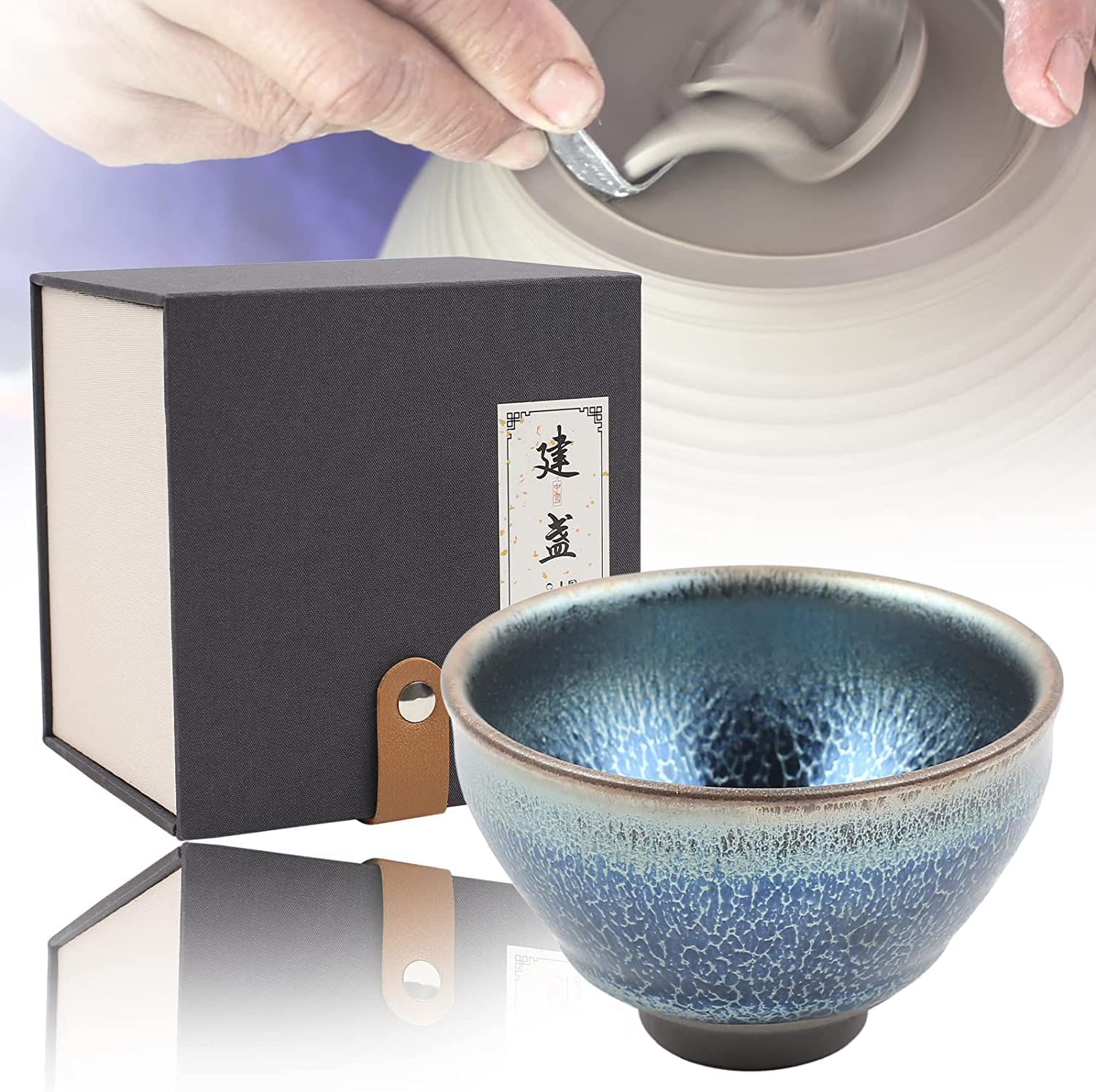 Chinese Archaic Handmade Jian Ware Teacup, Imitation of Traditional Song Dynasty JianZhan, Temmoku Black Glaze with Protean Veins, Collectible Cup for Tea and Coffee (Kirin's Thunder, 3.5 IN. 5.75 oz)