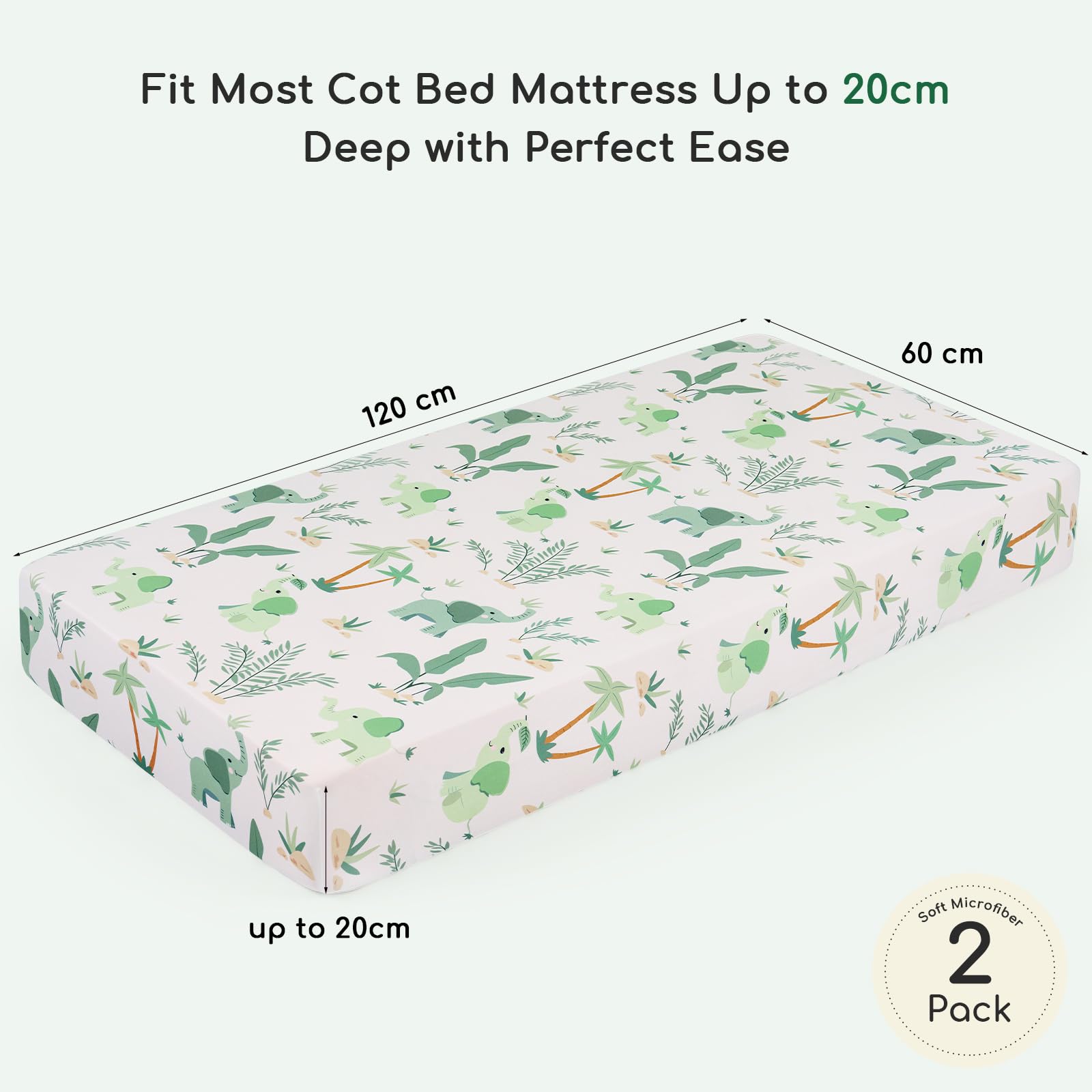Yukkidds Cot Sheets 120x60 Fitted Cotbed Sheet 2 Pack Baby Cot Sheets Super Soft & Breathable Microfiber Green Elephant - Image 2
