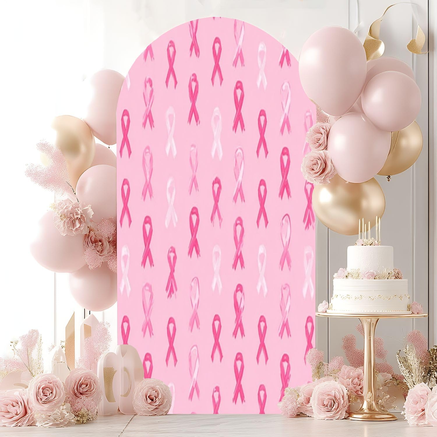 Wedding Arch Backdrop Cover 7.2FT Seamless Pink Cancer Ribbons Awareness Month Pink White Cancer Spandex Fitted Arch Cover Round Top Stands Cover for Birthday Party Ceremony Banquet Decoration