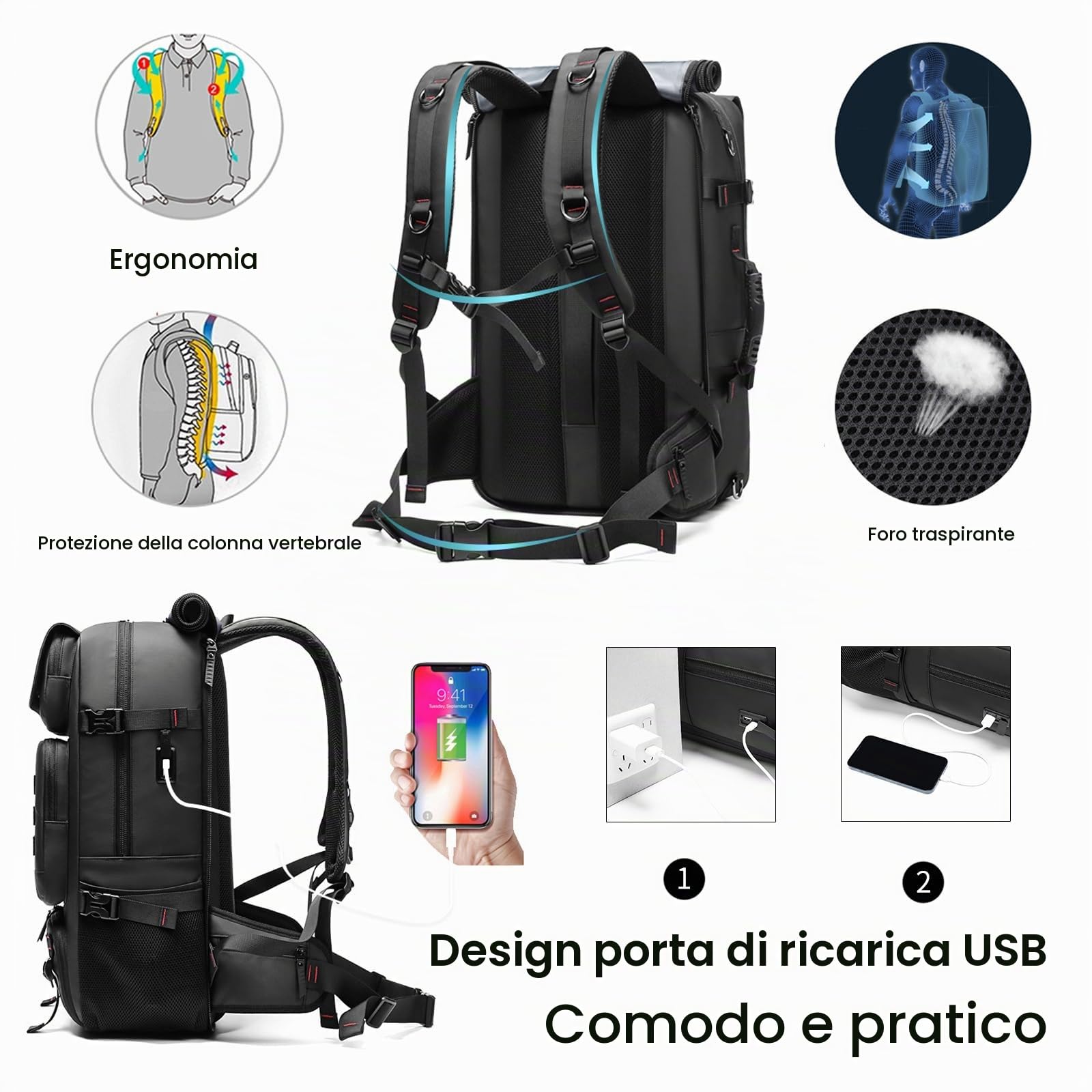 FANDARE Antifurto Zaino PC Portatili Uomo Rolltop Zainetto con scomparto per scarpe Militare Donna Zaini da Escursionismo Zaino con USB Borsa a mano Zaino viaggio Lavoro Borsa a tracolla
