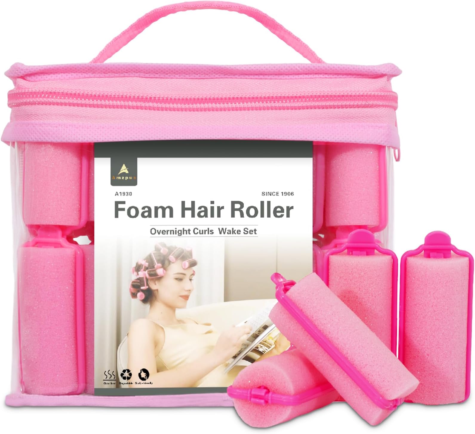 36-Pack Soft Foam Hair Rollers for Overnight Styling - Flexible Sponge Curlers for Frizz-Free, Damage-Free Curls (Pink, 0.98 Inch)