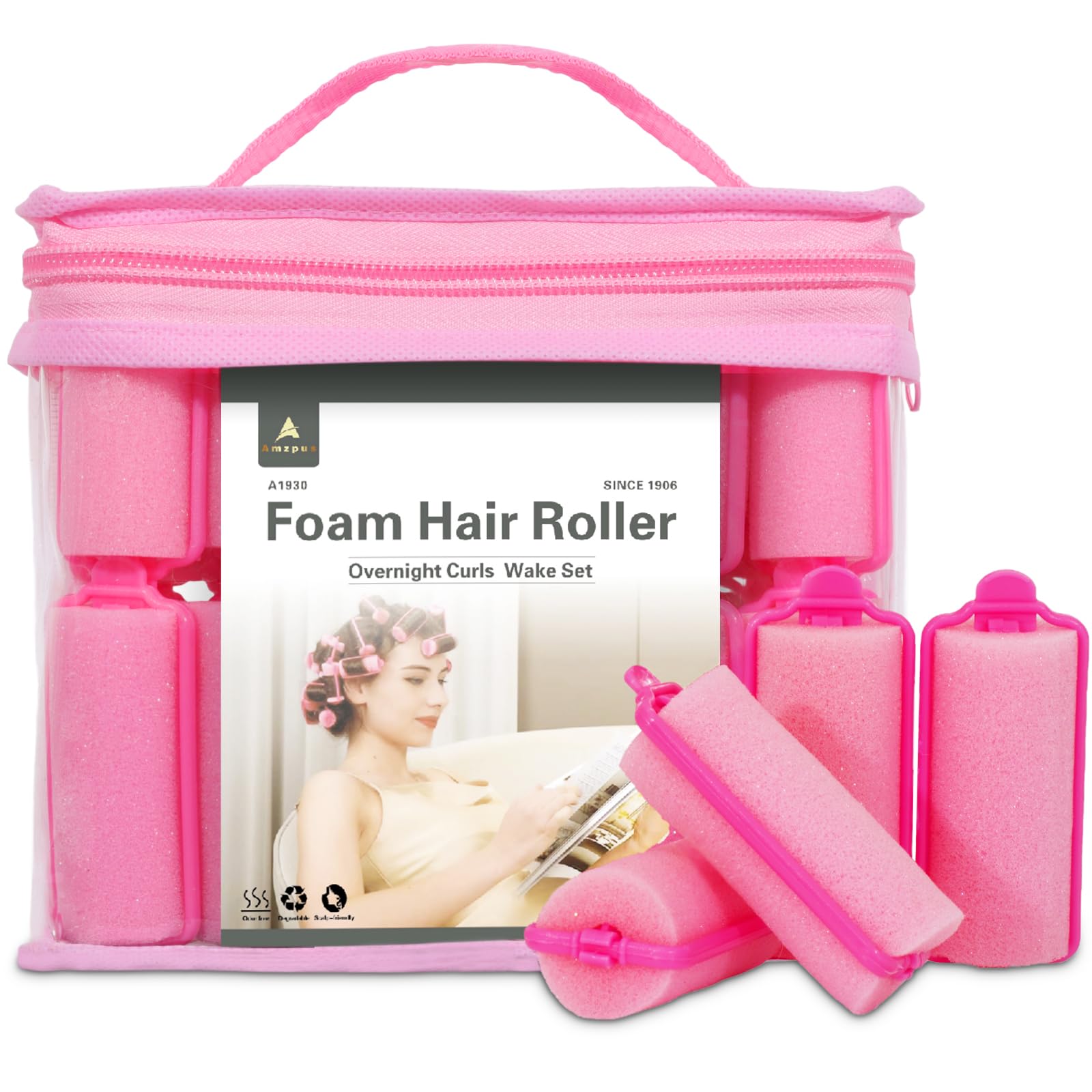 36-Pack Soft Foam Hair Rollers for Overnight Styling - Flexible Sponge Curlers for Frizz-Free, Damage-Free Curls (Pink, 0.98 Inch)