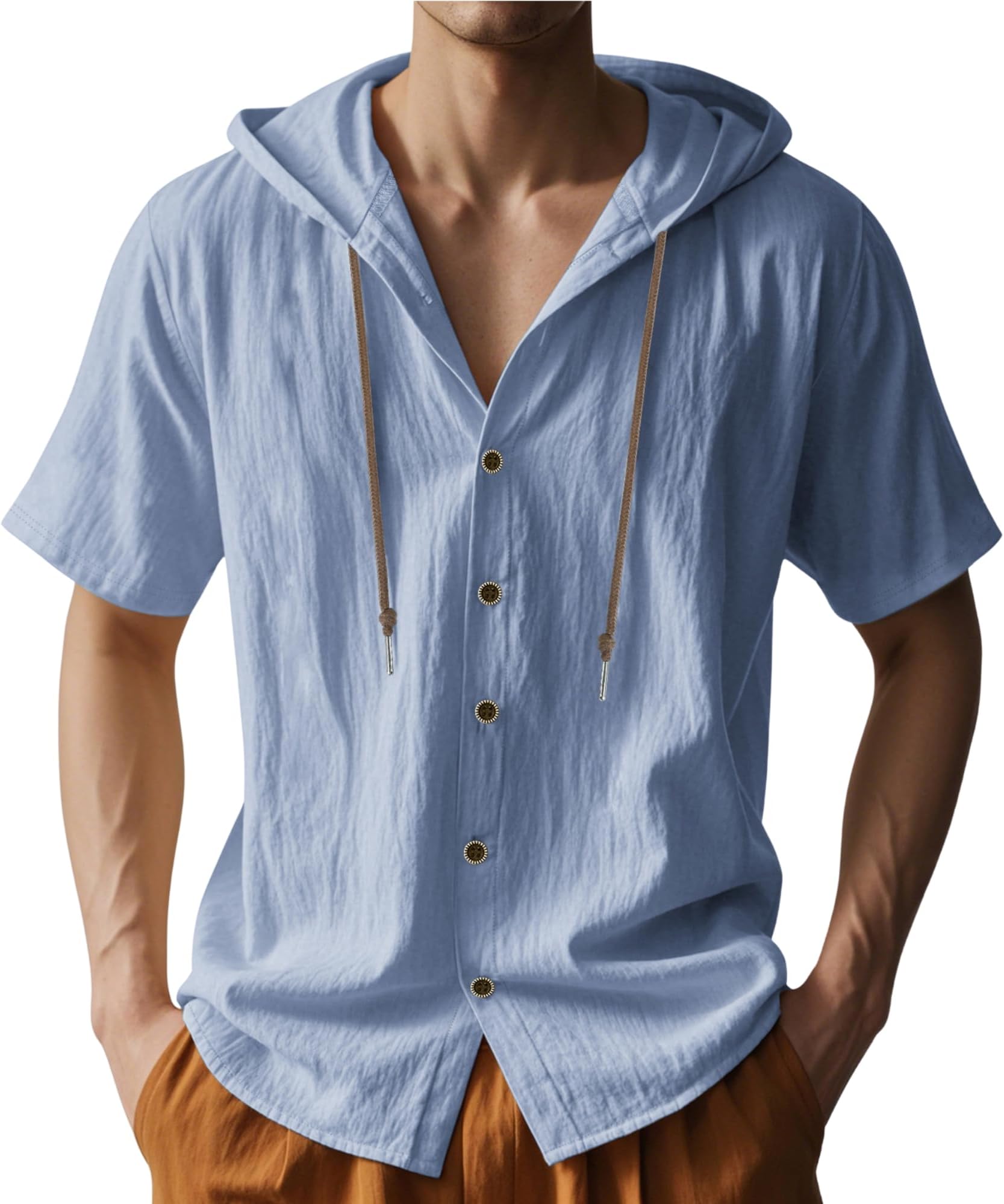 - Men's Summer Linen Hoodie Solid Color V-Neck Button Down Beach Shirt Drawstring Simple Casual Loose Short Sleeve