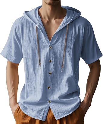 Mens Button Down Hooded Shirts Light Blue Linen Short Sleeve Vintage Solid Color T-Shirt Fashion V Neck T Shirts Casual Loose Fit Summer Vacation Breathable T-Shirt 3X-Large