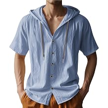Mens Button Down Hooded Shirts Light Blue Linen Short Sleeve Vintage Solid Color T-Shirt Fashion V Neck T Shirts Casual Loose Fit Summer Vacation Breathable T-Shirt Medium