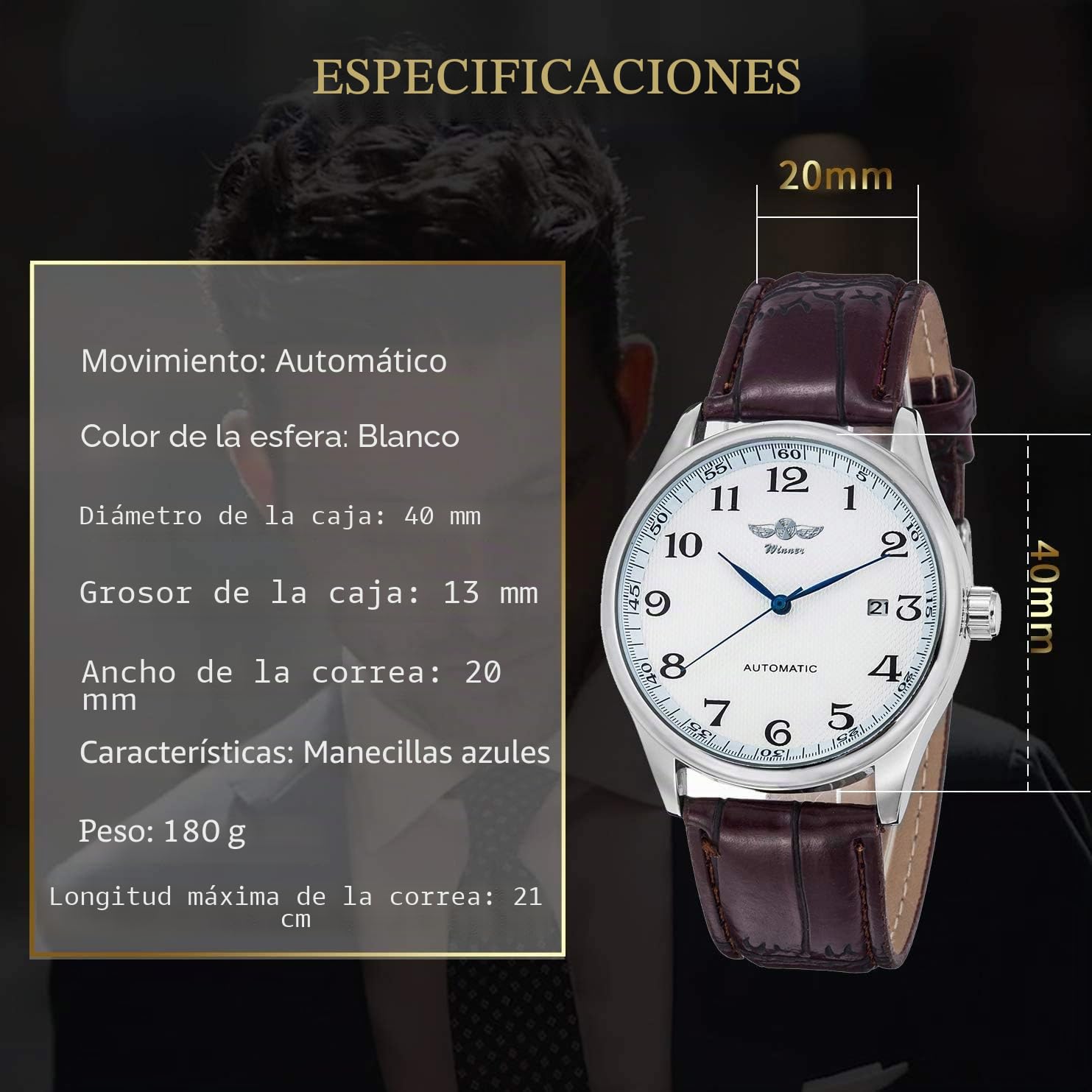 Relojes para hombre, esfera blanca, manecillas azules, correa autosólica, para hombre, estándar