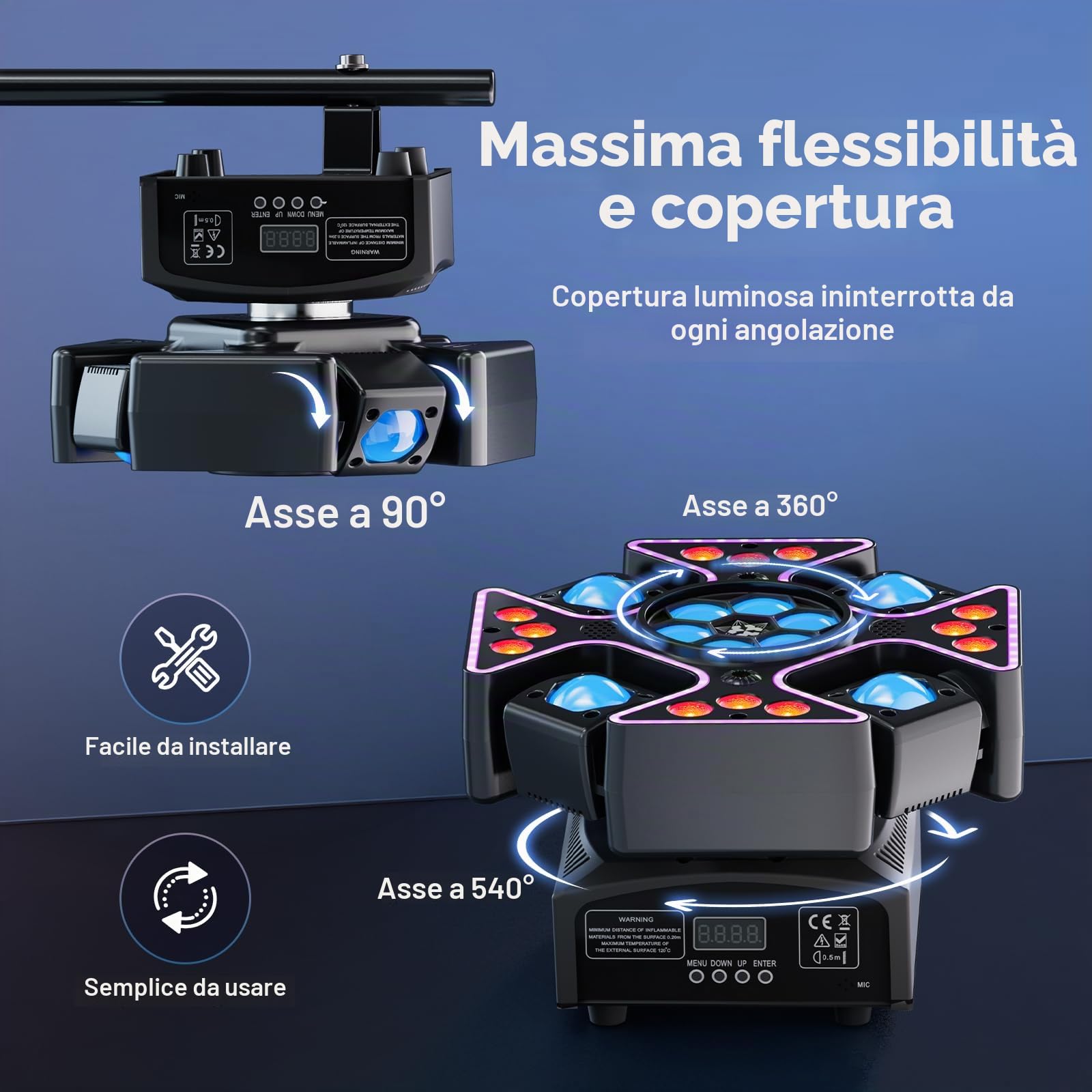 Testa Mobile LED 150W 4 in 1,Occhio d'Ape RGBW con Fascio a 4 Bracci e Wash RGB,Beam Luci Discoteca con Telecomando DMX512,Luci da Palcoscenico per DJ Feste Disco Club Natale Concert Matrimoni