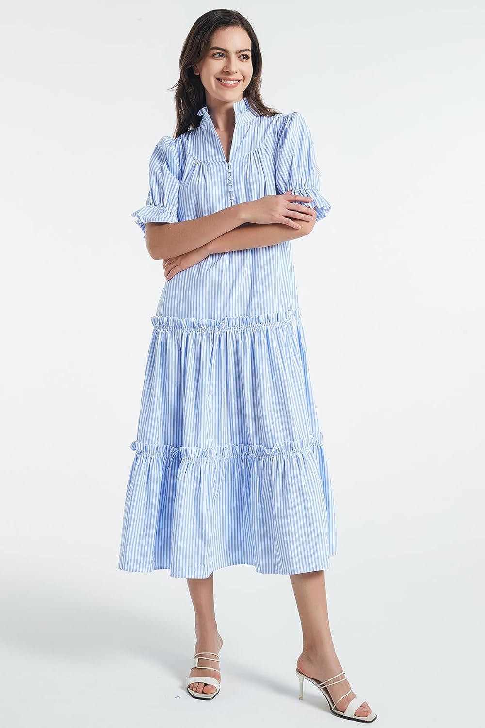 D-Sun Women Casual Button Down Maxi Dress Short Puff Sleeves Stand Collar Tiered Elegant Flowy Swing Long Dress with Tie - Image 5