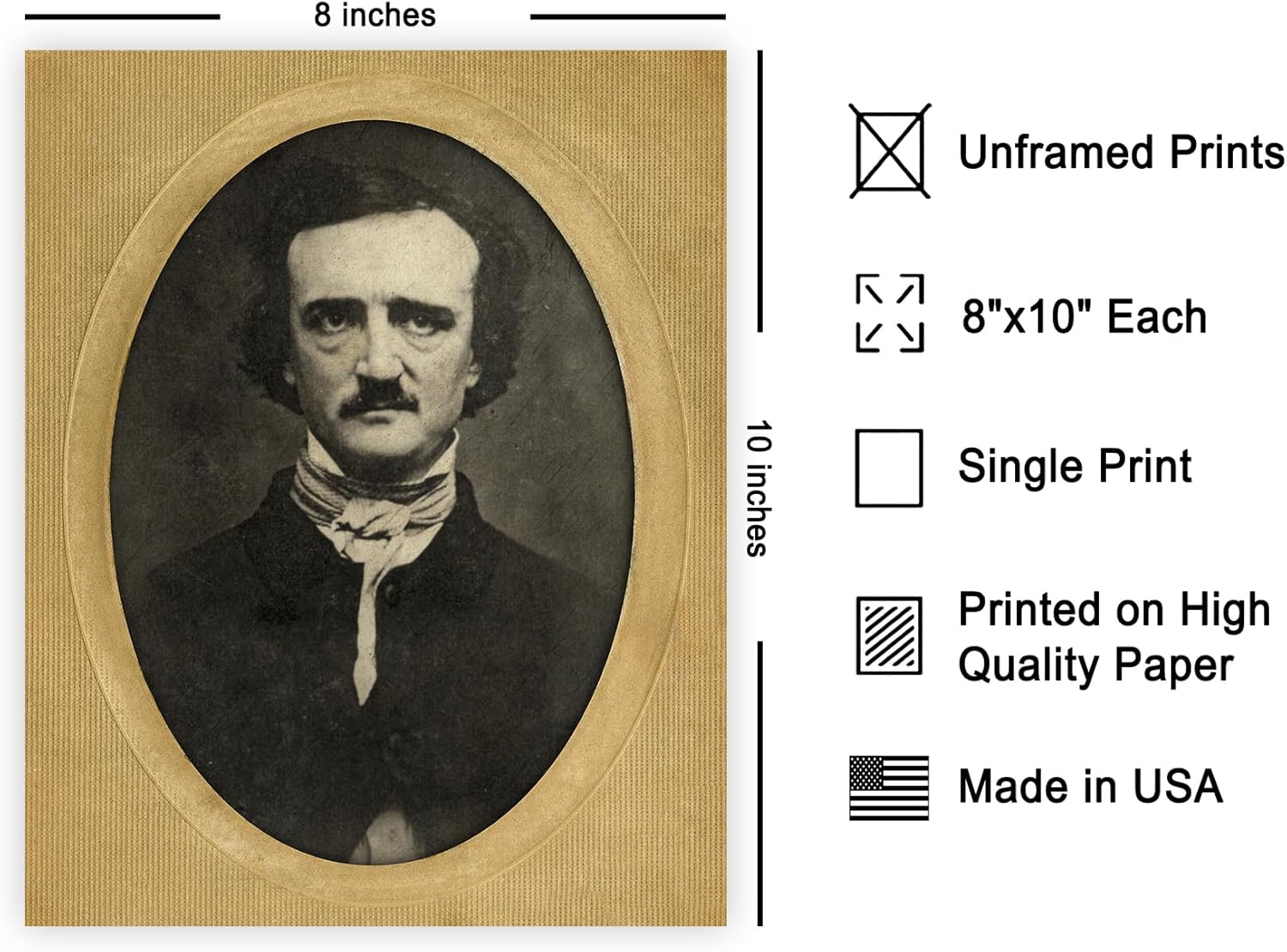 Poster Master Vintage Edgar Allan Poe Print - Retro Portrait Poster - Literary Poet Art - Gift for Men, Women & Writer - Minimal Decor for Living Room, Bedroom or Dorm - 8x10 UNFRAMED Wall Art