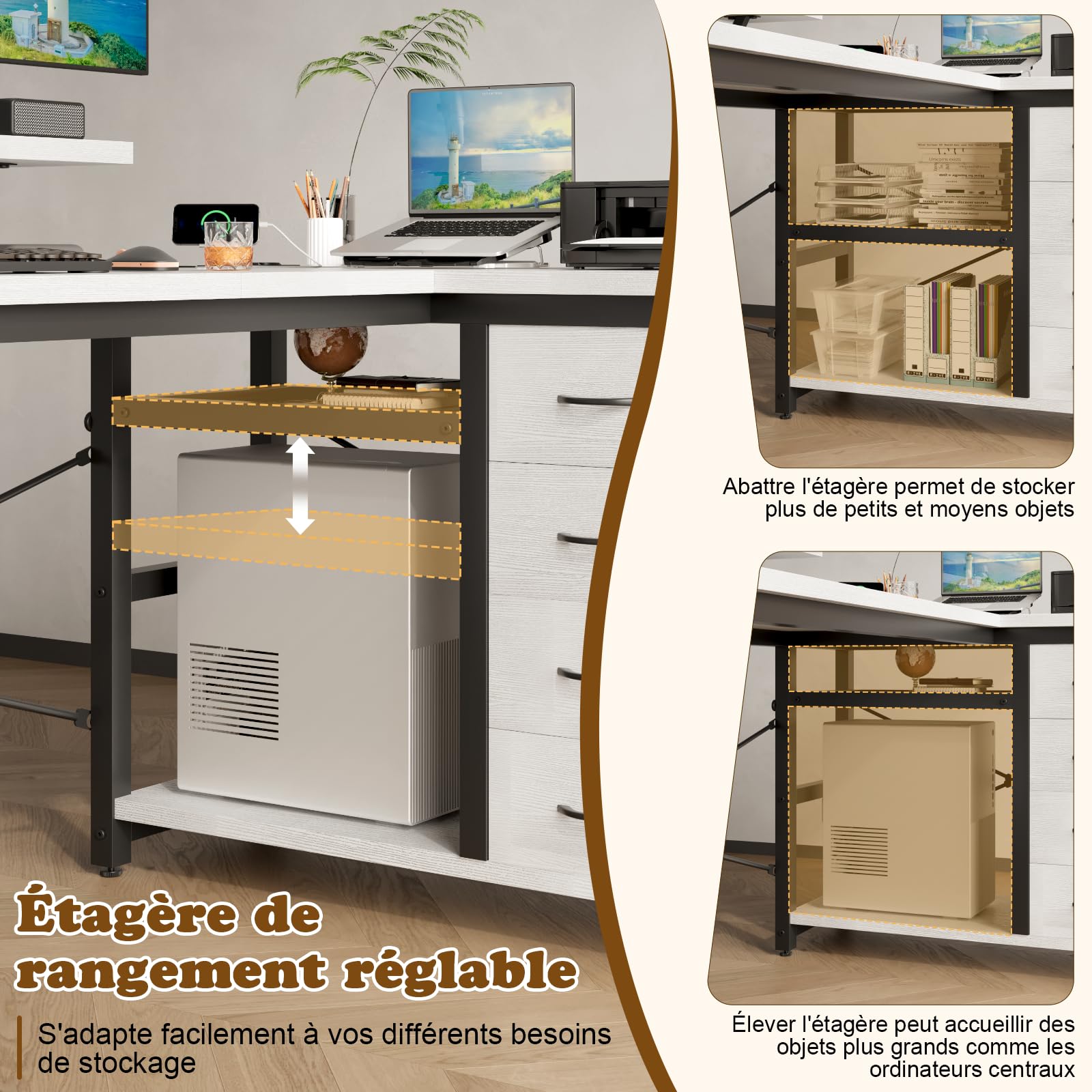 Devoko Bureau d'angle 160 x 80 cm, Bureau en L avec 4 Tiroirs,1 Port USB + 1 Port Typ-C et 2 Prise de Courant, Table Réversible avec Support d'écran pour Travail à Domicile, Blanc