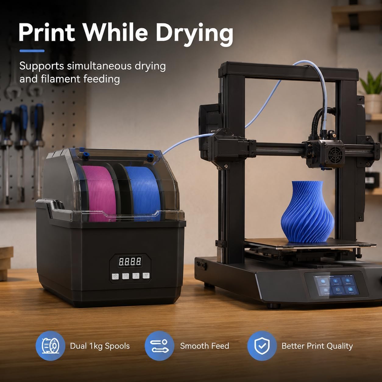 Caja secadora de filamento para impresora 3D, bobina doble, calefacción de 60 °C