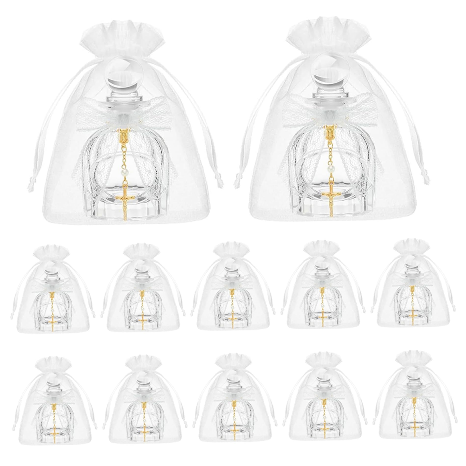 Weihwasserflaschen-Set mit 12 Stück – elegante Glasflaschen mit Kreuzarmband und Spitzenschleife für Taufgeschenke, Kommunion, kirchliche Hochzeit, Weihwasserbehälter