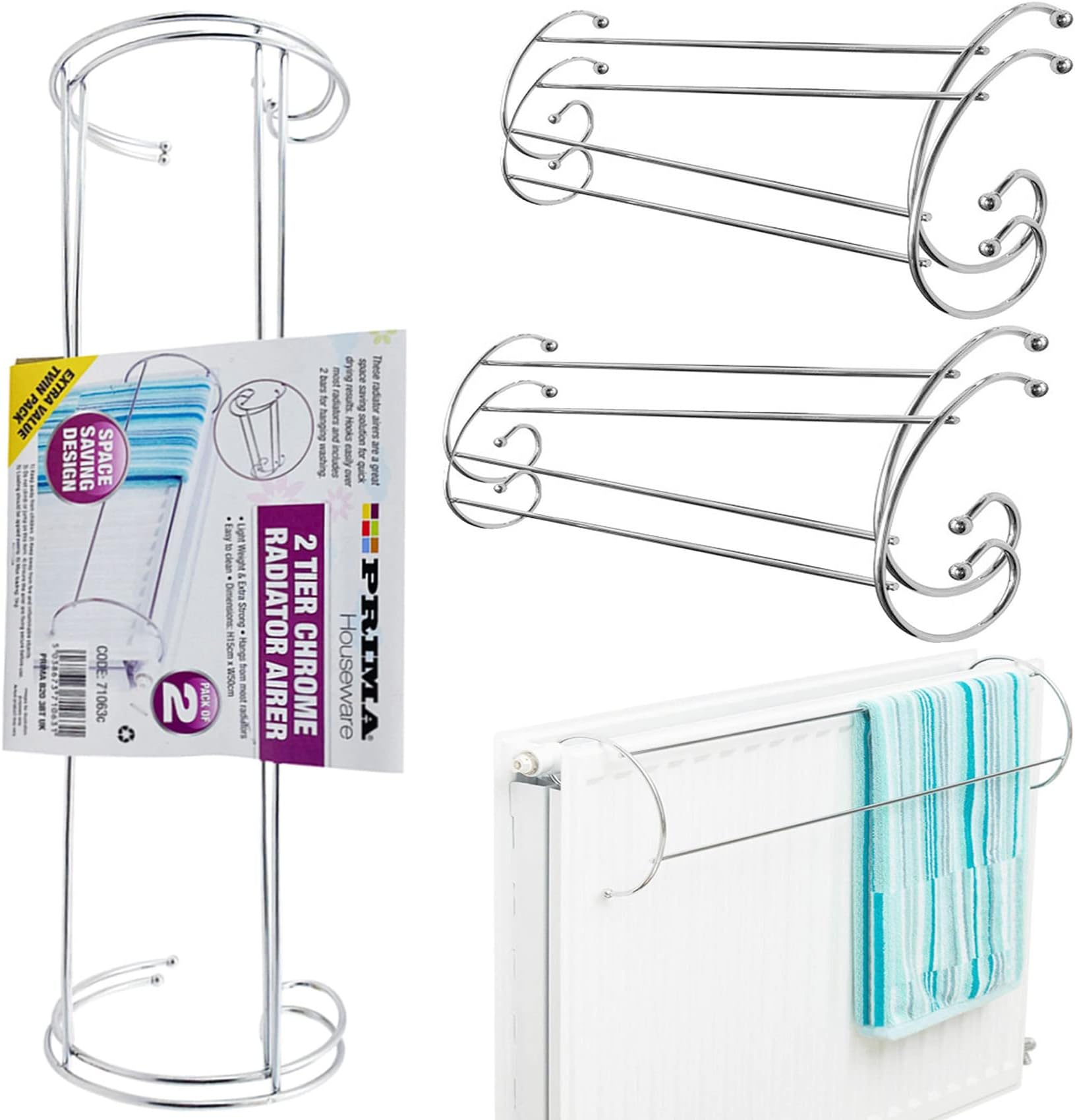 NTI 2 Tier | 2 x CHROME Radiator Clothes Airer Drying Rack | PRIMA Washing Line Hanging Towel Laundry Lightweight Space Saving Design Home Kitchen Indoor Storage & Organisation UK FREE P&P, Silver