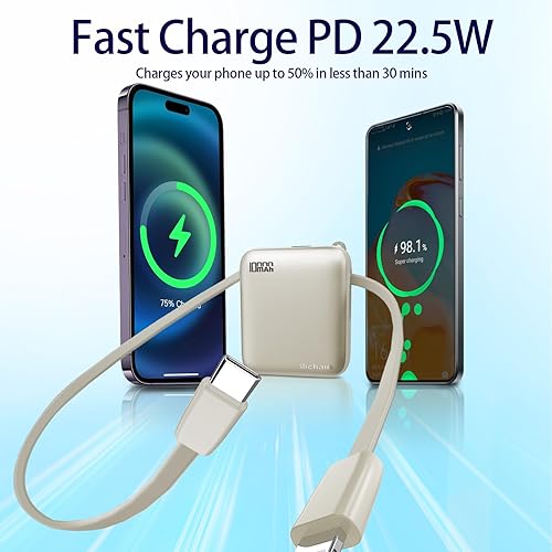 Miniatura 2 de Hichain Cargador portátil de batería, batería esencial de viaje de 10000 mAh, 22.5 W, con cables USB C integrados, cargador de teléfono mini de