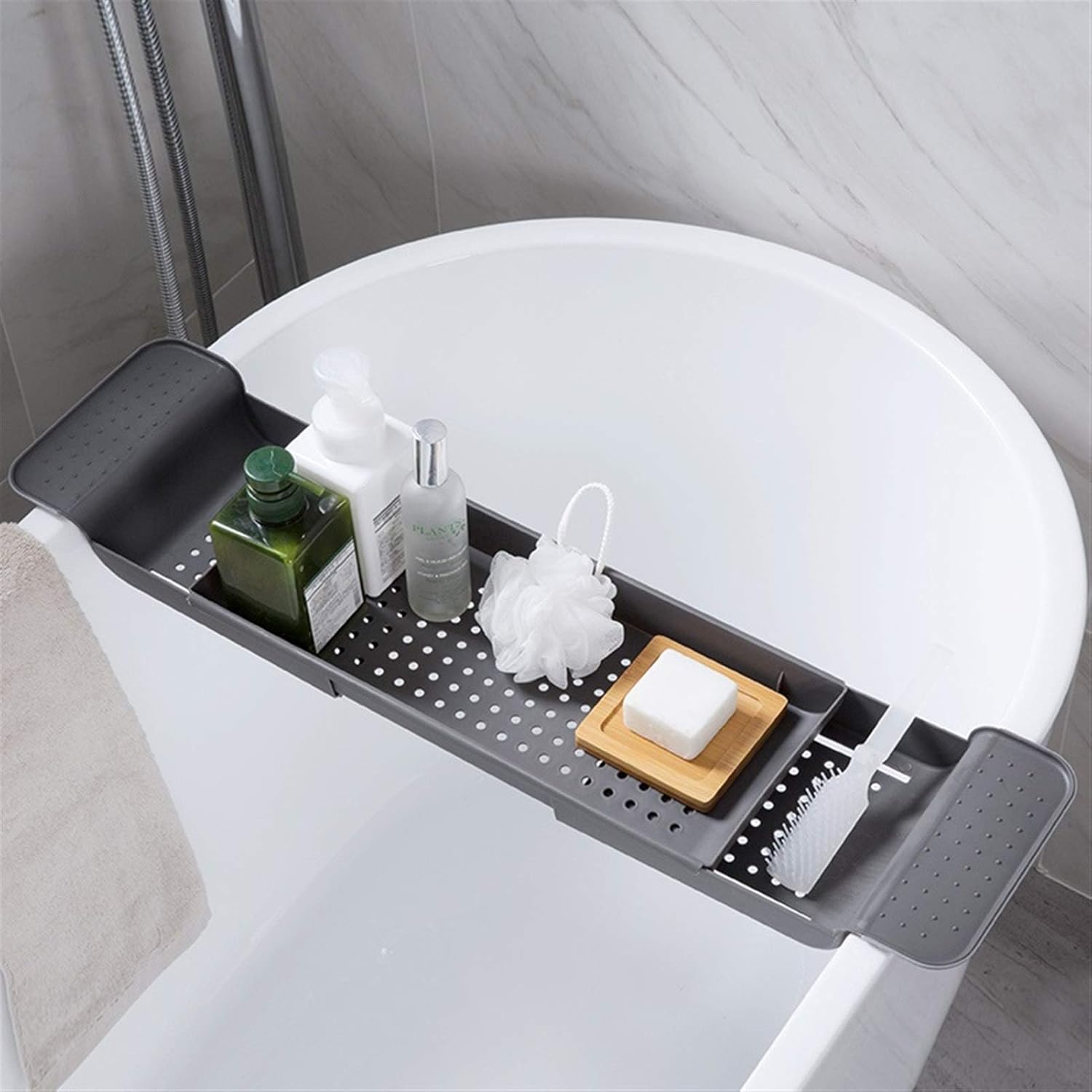 Bamboo Bathtub Caddy Tray with Retractable Storage Rack Multi Function Bathroom Organizer for Towels Soap and Wine Black