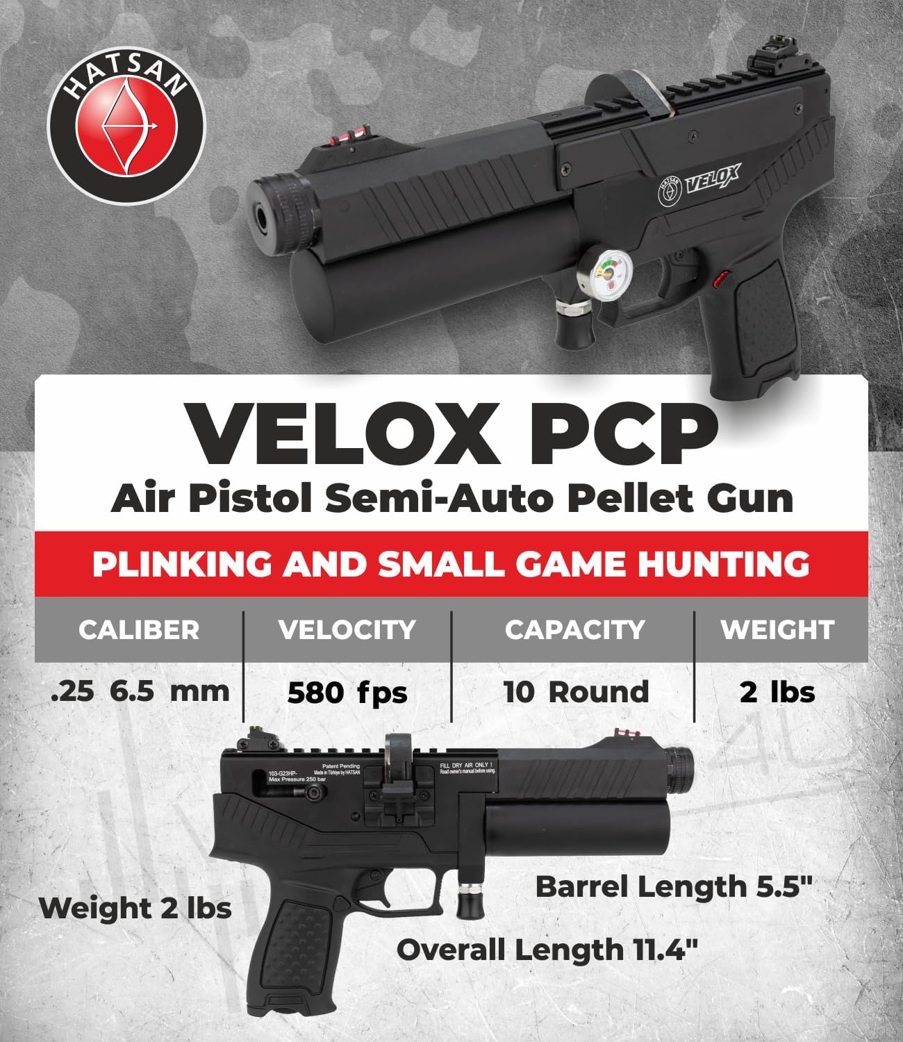 Hatsan Velox PCP Air Pistol Semi-Auto Pellet Gun, up to 620 FPS, up to 20 Joules, up to 12 RDS, w/ Wearable4U Hard Case +Pellets +Paper Targets Bundle (2024 Edition)