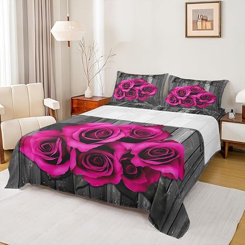 Juego de sábanas de flores de rosa intenso, tamaño Queen, retro, rústico, rosa, floral, juego de ropa de cama para parejas para niños y adultos,