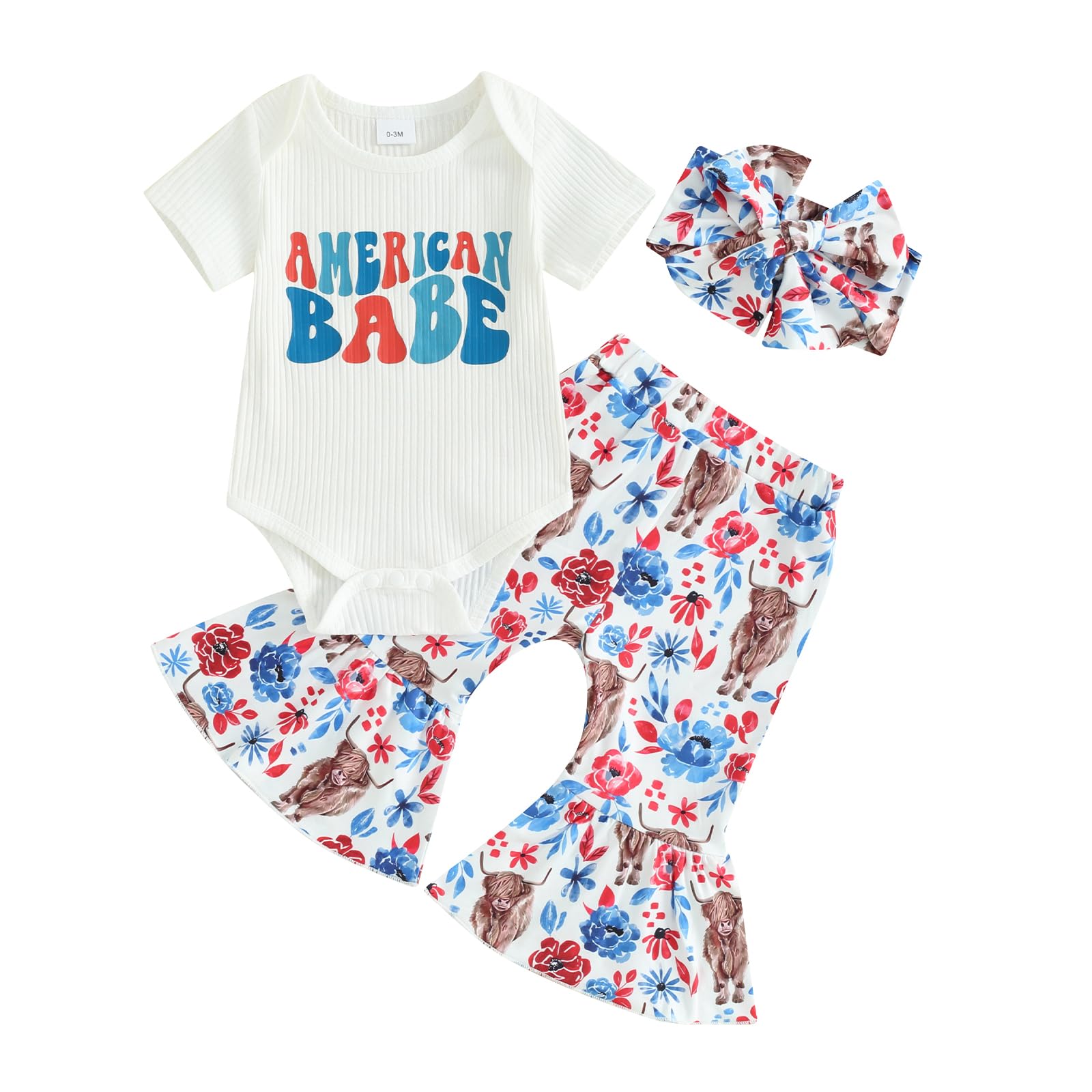 AdobabirlNewborn Baby Girl Clothes Short Sleeve Ribbed Romper Onesie Bowknot Floral Pants Headband 3Pcs Clothing Set