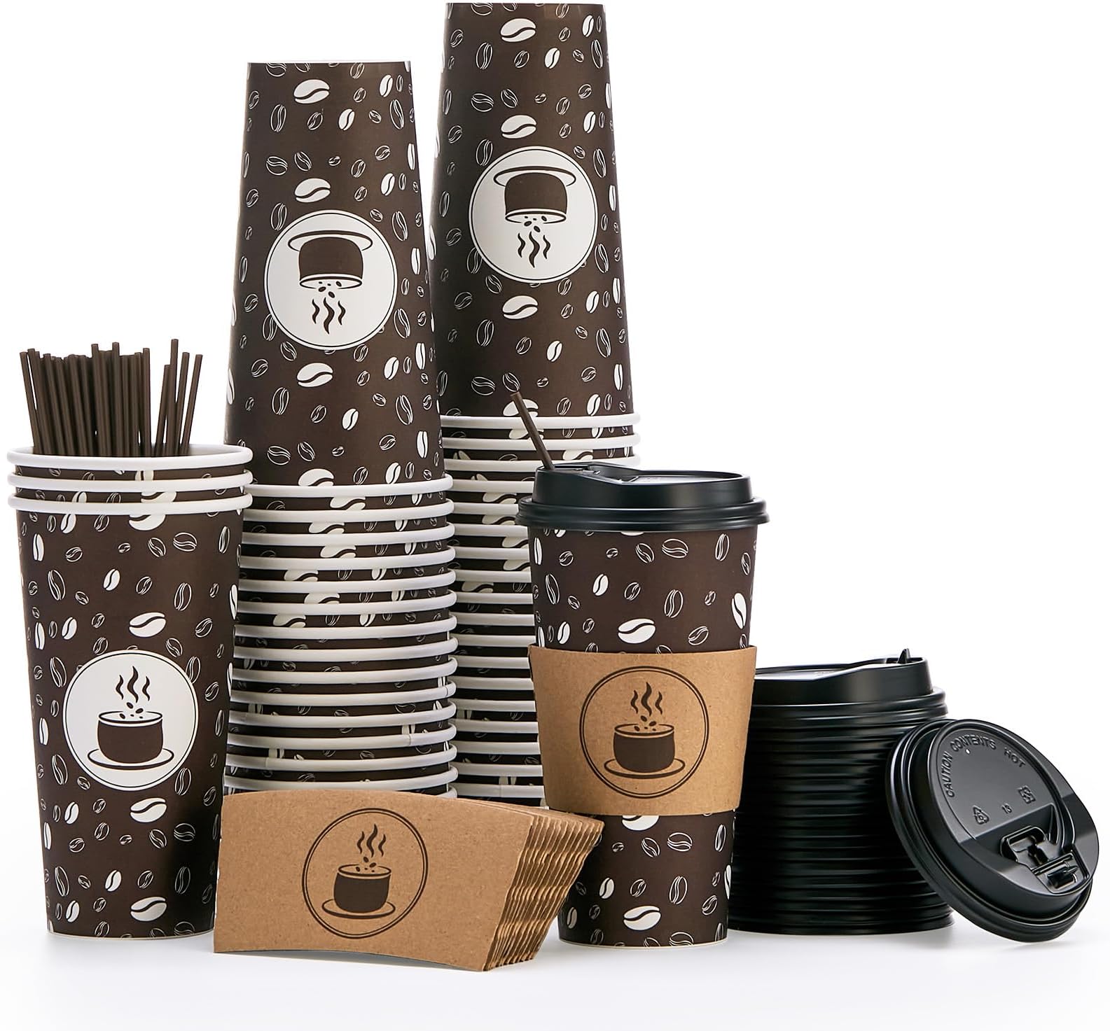 JOLLY PARTY Disposable Coffee Cups with Lids, Sleeves and Straws - 20oz(50 Pack) Paper Cups with Lids, Hot Coffee Cups for Shops, Cafes, and Concession Stands(Dark Brown)
