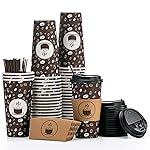 JOLLY PARTY Disposable Coffee Cups with Lids, Sleeves and Straws - 20oz(50 Pack) Paper Cups with Lids, Hot Coffee Cups for Shops, Cafes, and Concession Stands(Dark Brown)