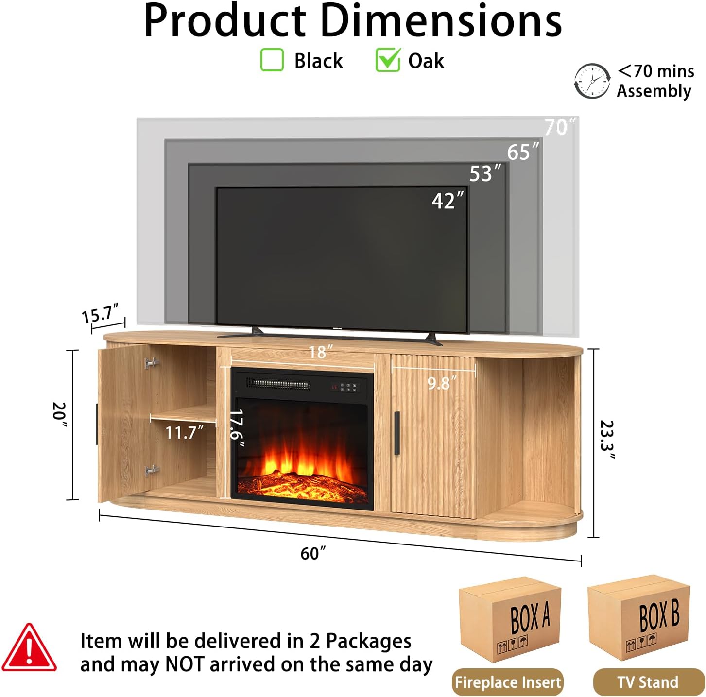 60" Fluted Fireplace TV Stand with 18" Electric Fireplace, Wood Console with Fireplace for TVs Up to 70", Curved Edge, Entertainment Center with Sliding Doors for Living Room, Natural Wood