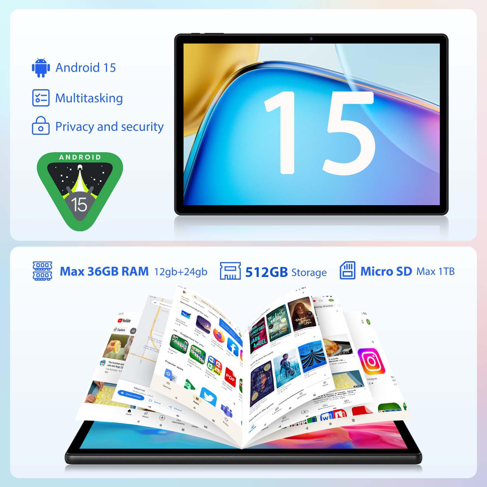 2K Android 15 Tablet 14 Pulgadas, 36GB RAM, 512GB ROM (2TB Expansion), 4G SIM LTE & 5G WiFi, 2000 * 1200FHD, 11580mAh, Octa-Core 2.0GH, 13MP+8MP, Tablet con Teclado/GPS/Bluet 5.0(Negro)