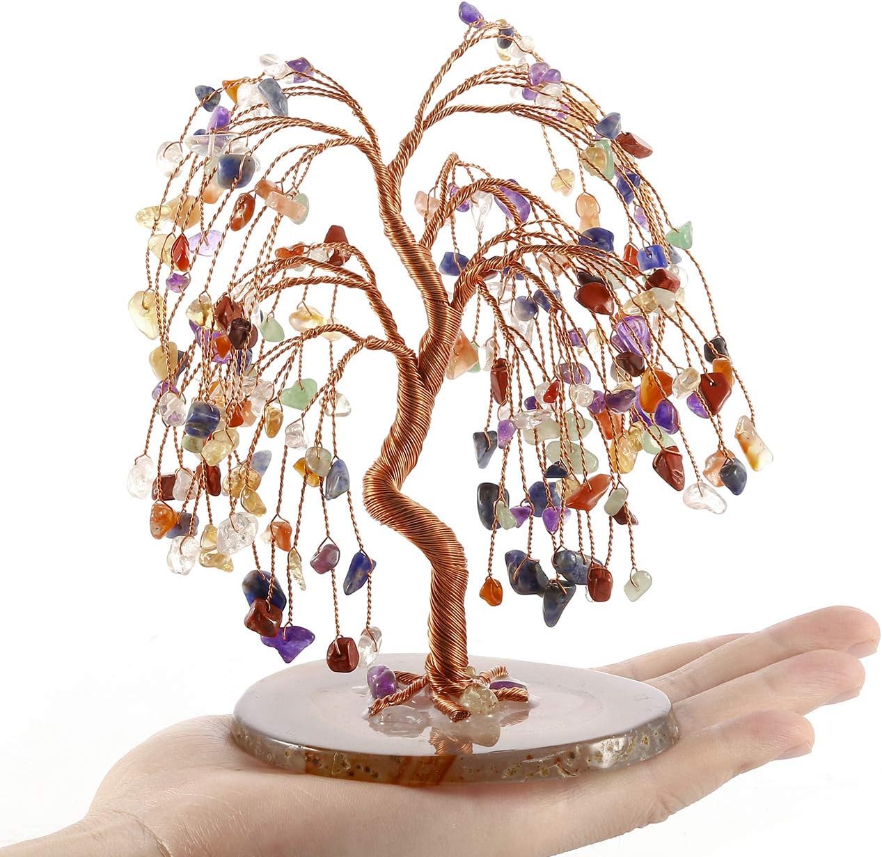 Top Plaza 7 Chakra Healing Crystals Copper Money Tree Wrapped On Natural Agate Slices Geode Base Lucky Reiki Feng Shui Figurine Statue