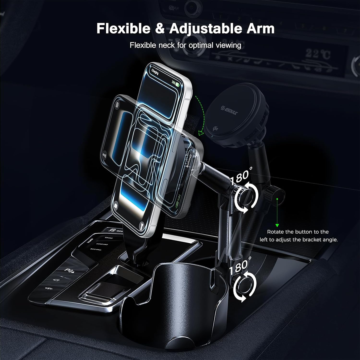 Esoulk [2026 Upgraded] Qi2 25W Fast Wireless Car Charger with Cooling Fan, Cup Holder Phone Mount with Adjustable Long Arm, Magnetic Fast Charging Holder for iPhone & Android